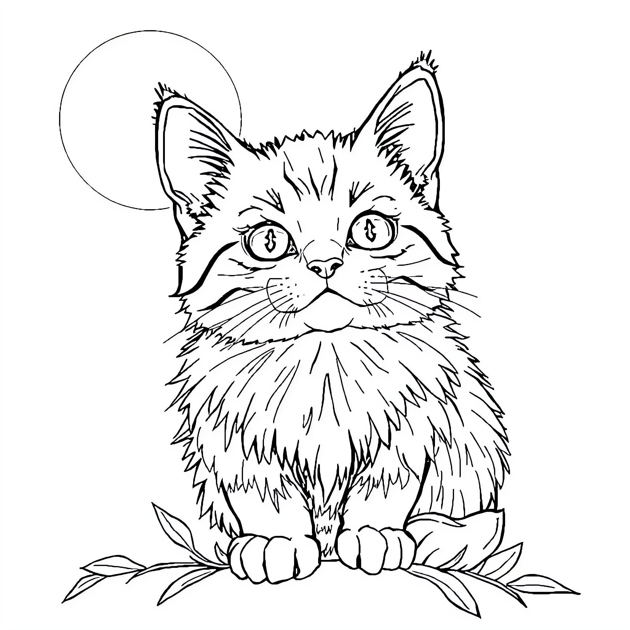 Cat peering curiously from behind foliage Coloring Page (free black-and-white line drawing printable PDF for all, from beginners to advanced learners, including children, teens, adults, and seniors)