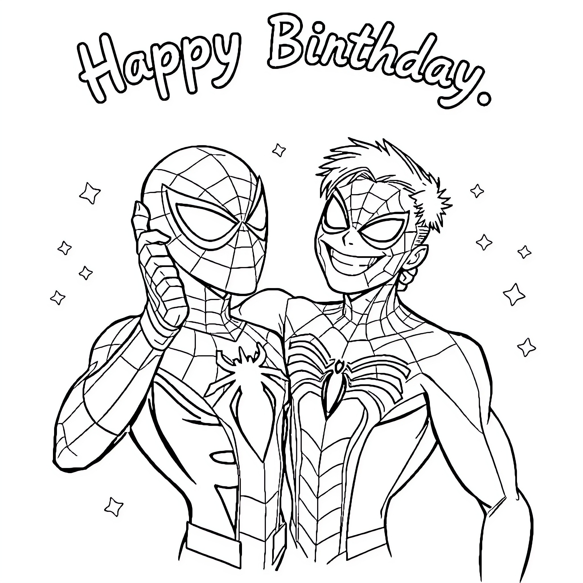 Spiderman celebrating birthday with friend Coloring Page (free black-and-white line drawing printable PDF for all, from beginners to advanced learners, including children, teens, adults, and seniors)