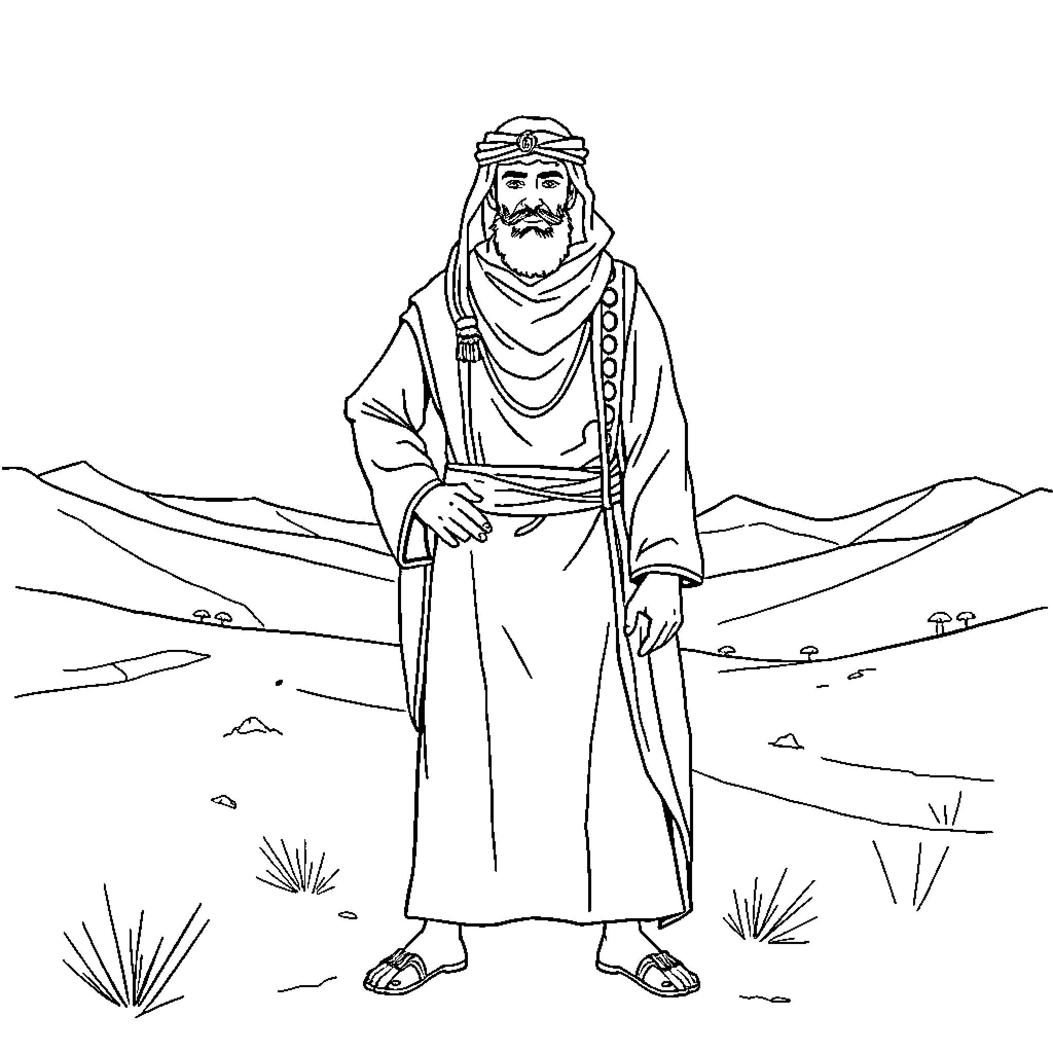 Omar Almukhtar standing tall in the desert landscape Coloring Page (free black-and-white line drawing printable PDF for all, from beginners to advanced learners, including children, teens, adults, and seniors)