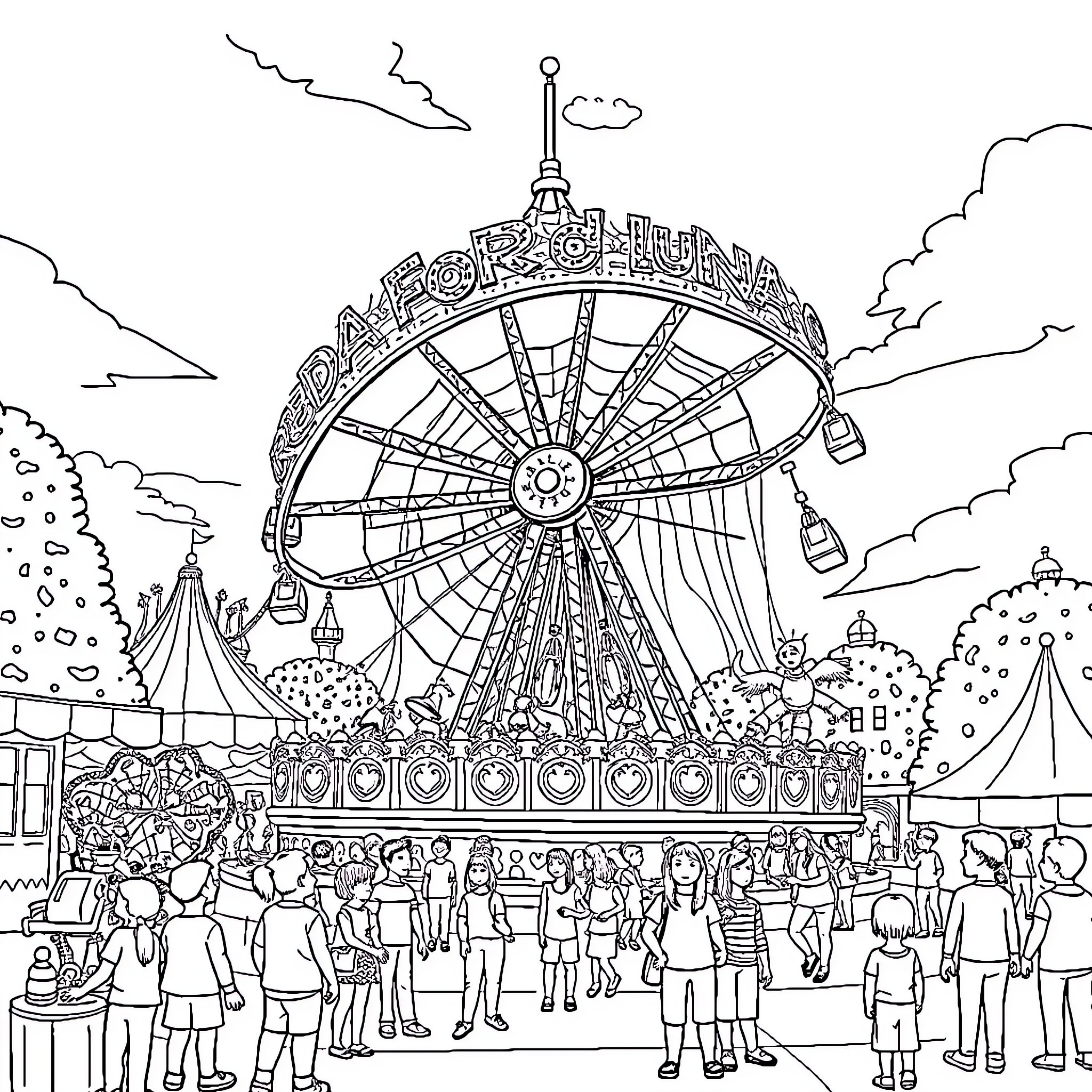 Ferris Wheel at the Carnival with Crowds of People Coloring Page (free black-and-white line drawing printable PDF for all, from beginners to advanced learners, including children, teens, adults, and seniors)