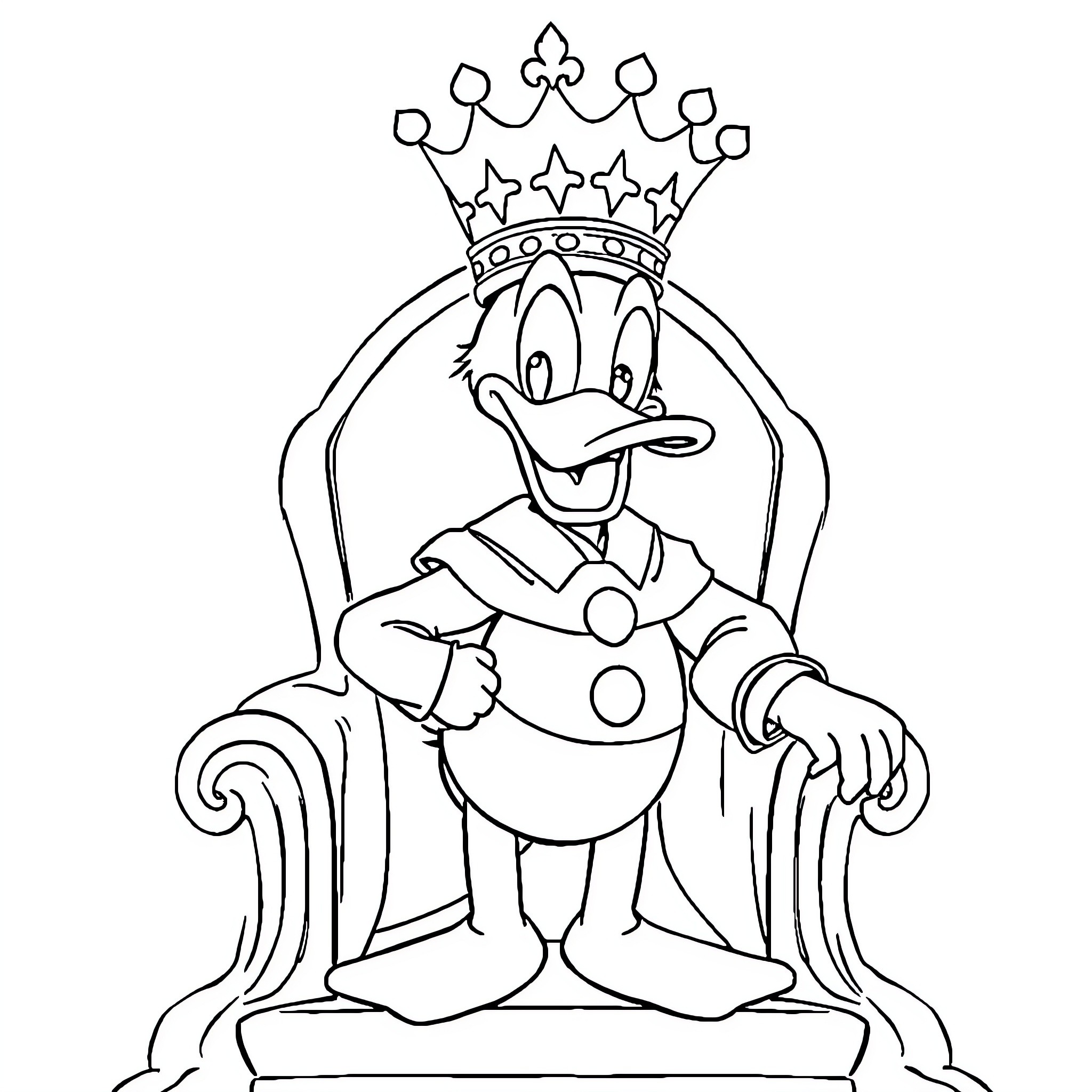 Donald Duck dressed as a king on a throne Coloring Page (free black-and-white line drawing printable PDF for all, from beginners to advanced learners, including children, teens, adults, and seniors)