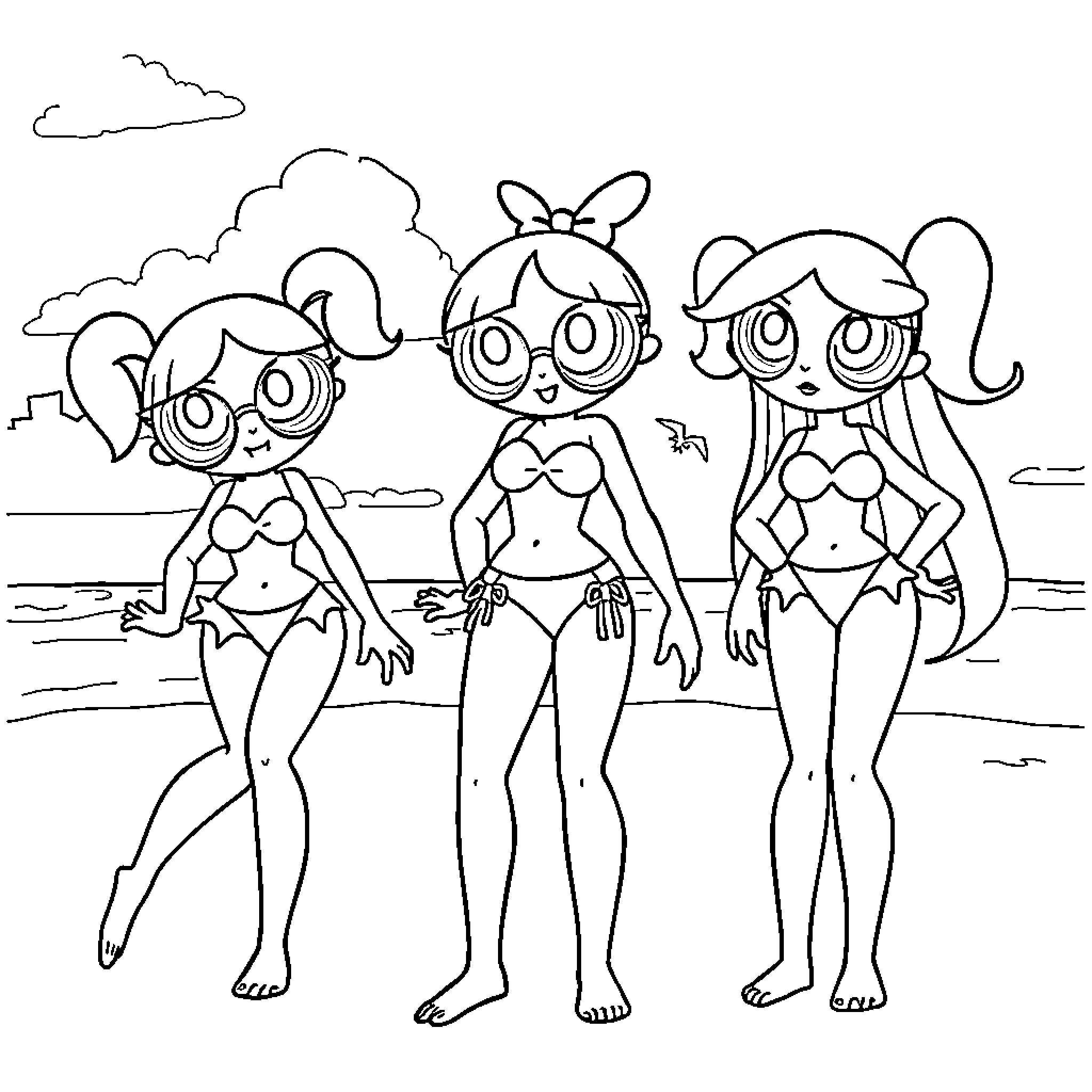 Power Puff Girls Enjoying Sunny Beach Day Coloring Page (free black-and-white line drawing printable PDF for all, from beginners to advanced learners, including children, teens, adults, and seniors)