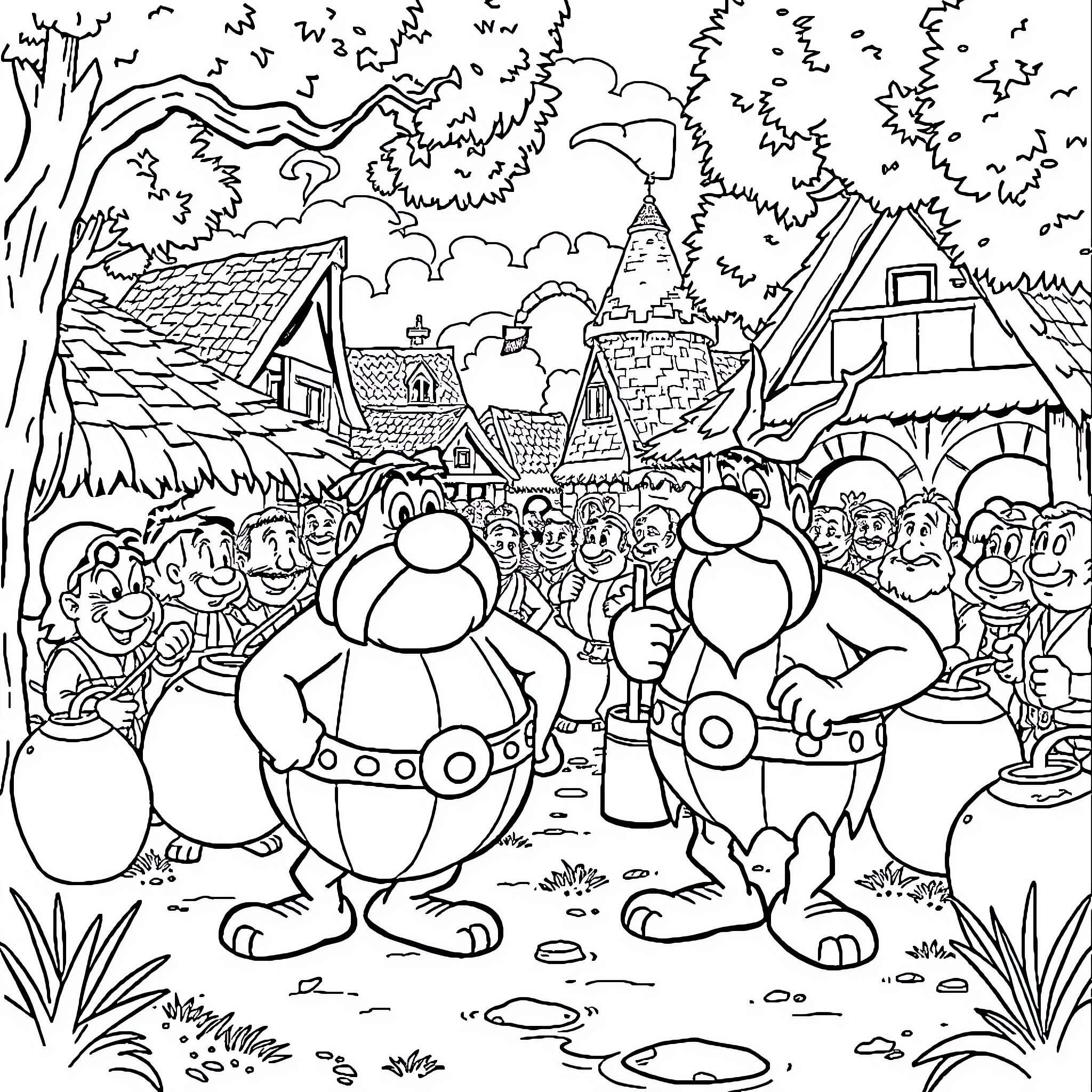 Asterix and Obelix Celebrating in a Vibrant Village Coloring Page (free black-and-white line drawing printable PDF for all, from beginners to advanced learners, including children, teens, adults, and seniors)