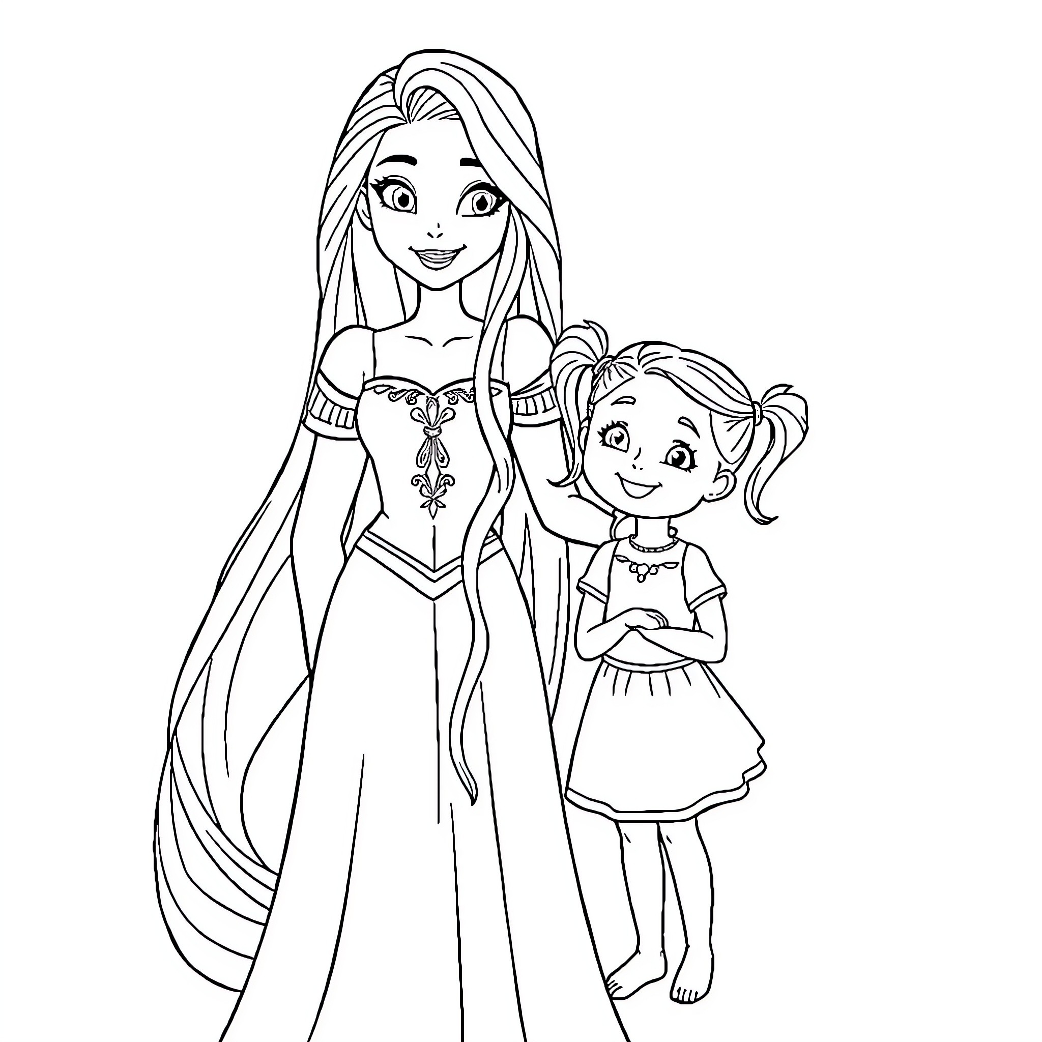Rapunzel and Young Girl in Elegant Dresses Coloring Page (free black-and-white line drawing printable PDF for all, from beginners to advanced learners, including children, teens, adults, and seniors)
