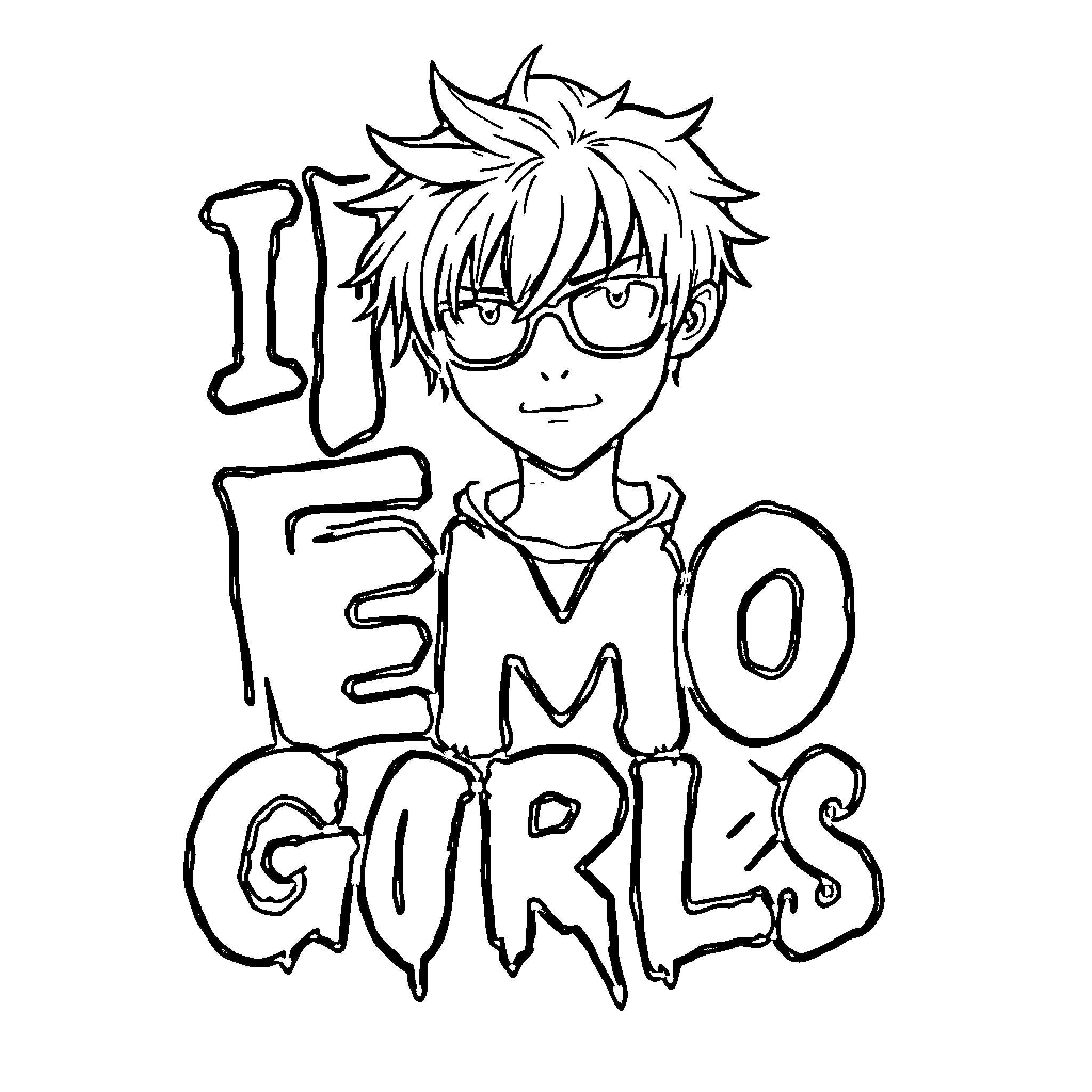 Emo Boy wearing glasses with 'I Love Emo Girls' text Coloring Page (free black-and-white line drawing printable PDF for all, from beginners to advanced learners, including children, teens, adults, and seniors)