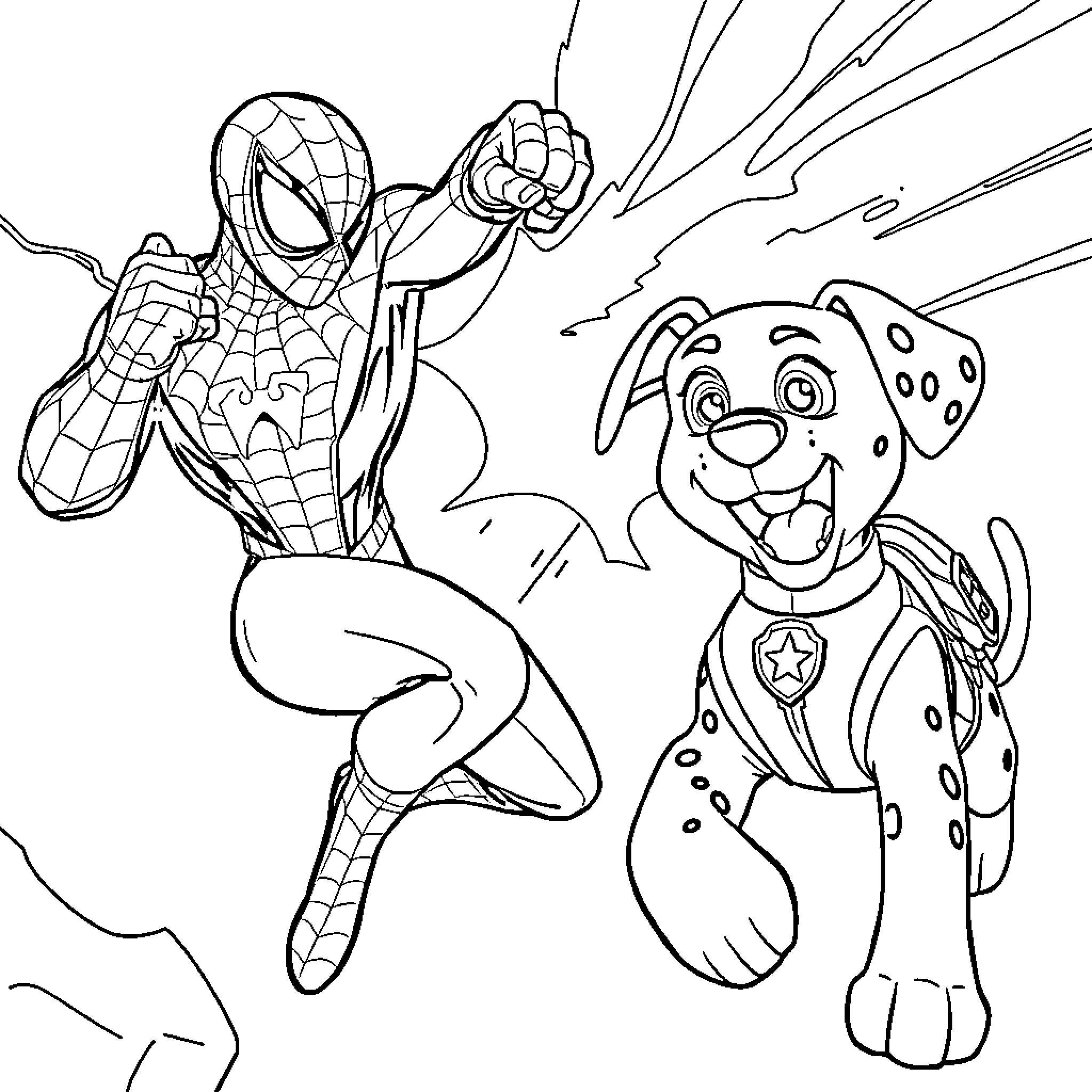 Spiderman rescuing puppy from danger Coloring Page (free black-and-white line drawing printable PDF for all, from beginners to advanced learners, including children, teens, adults, and seniors)