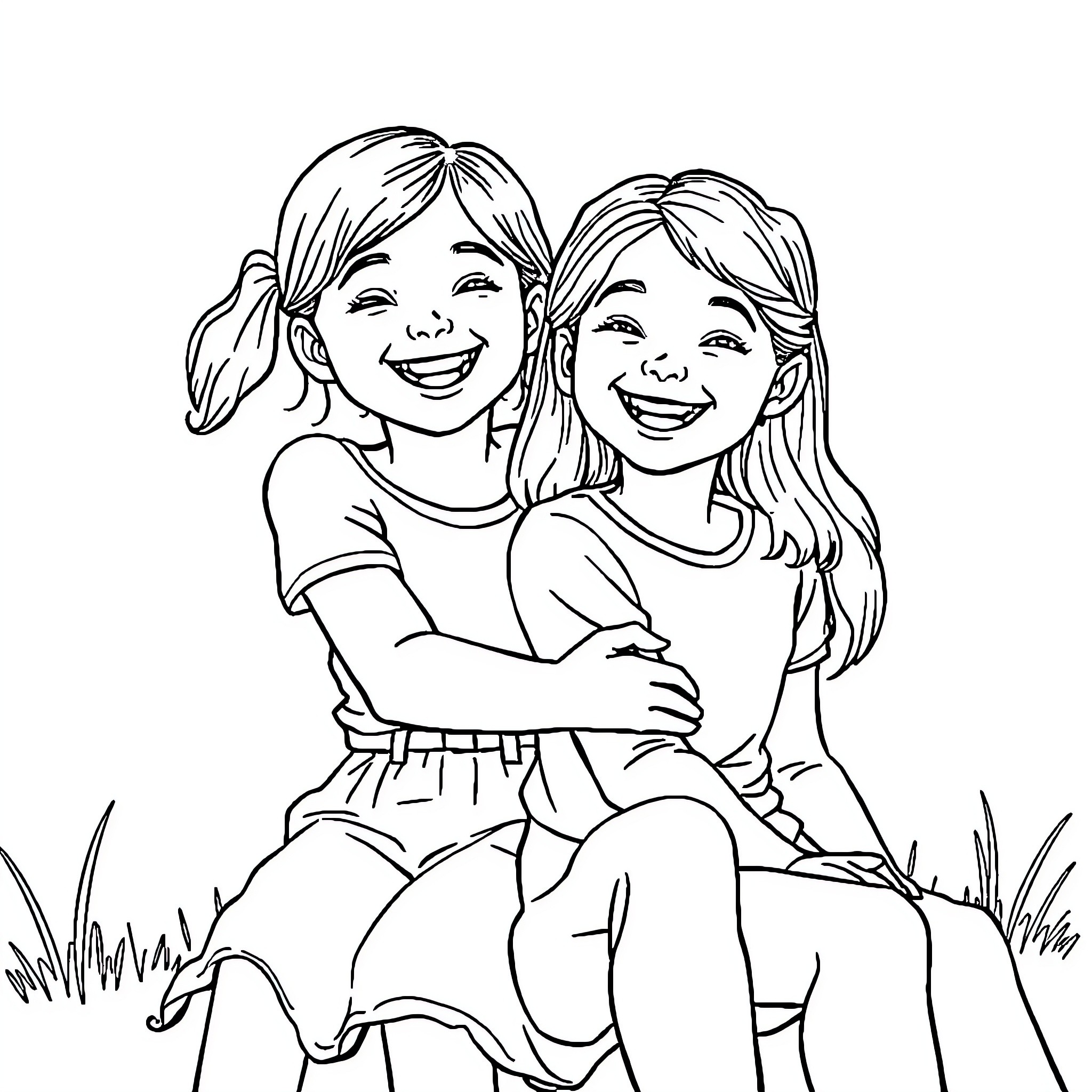 Girls sharing a happy moment outdoors Coloring Page (free black-and-white line drawing printable PDF for all, from beginners to advanced learners, including children, teens, adults, and seniors)