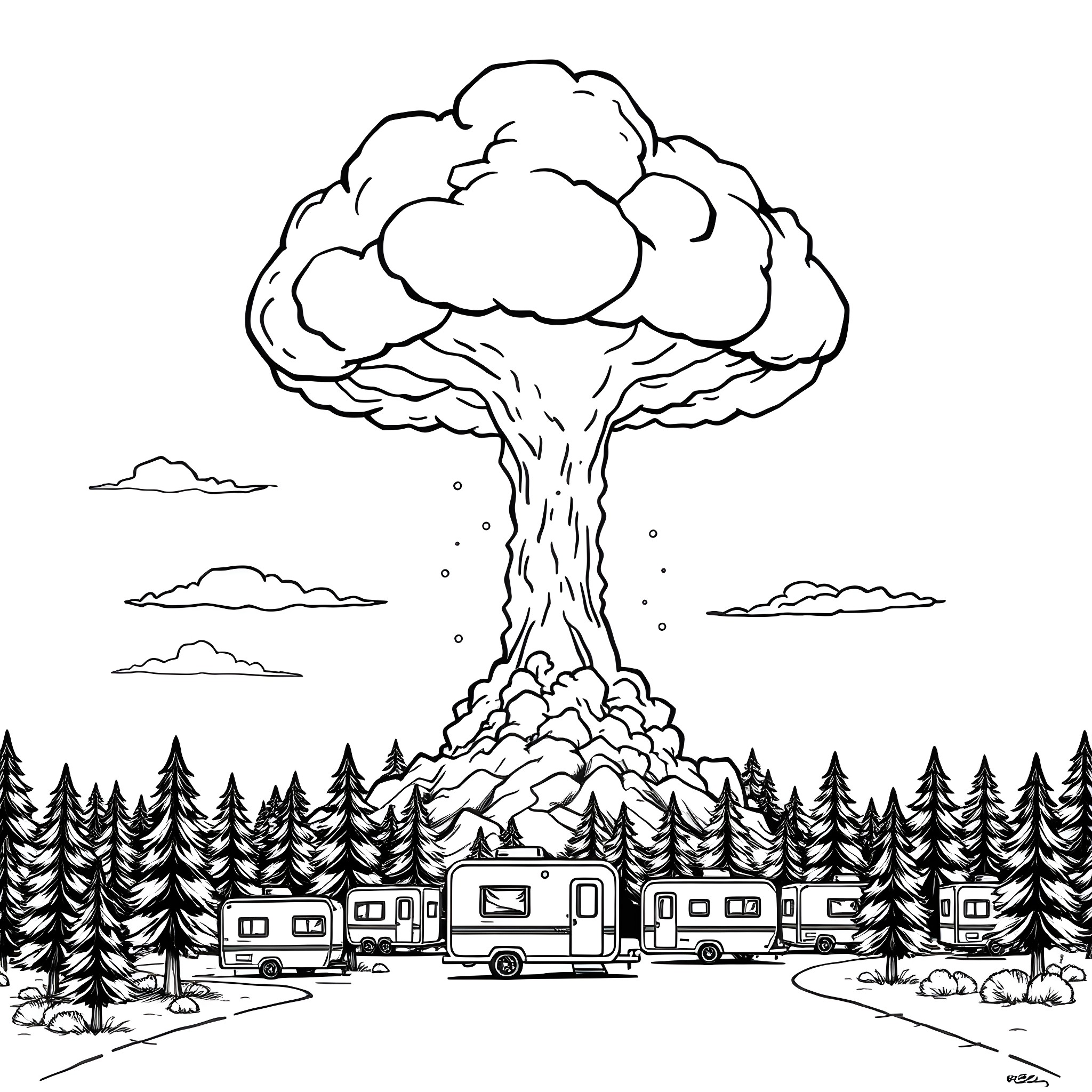Mushroom Cloud over Camping Scene Coloring Page (free black-and-white line drawing printable PDF for all, from beginners to advanced learners, including children, teens, adults, and seniors)