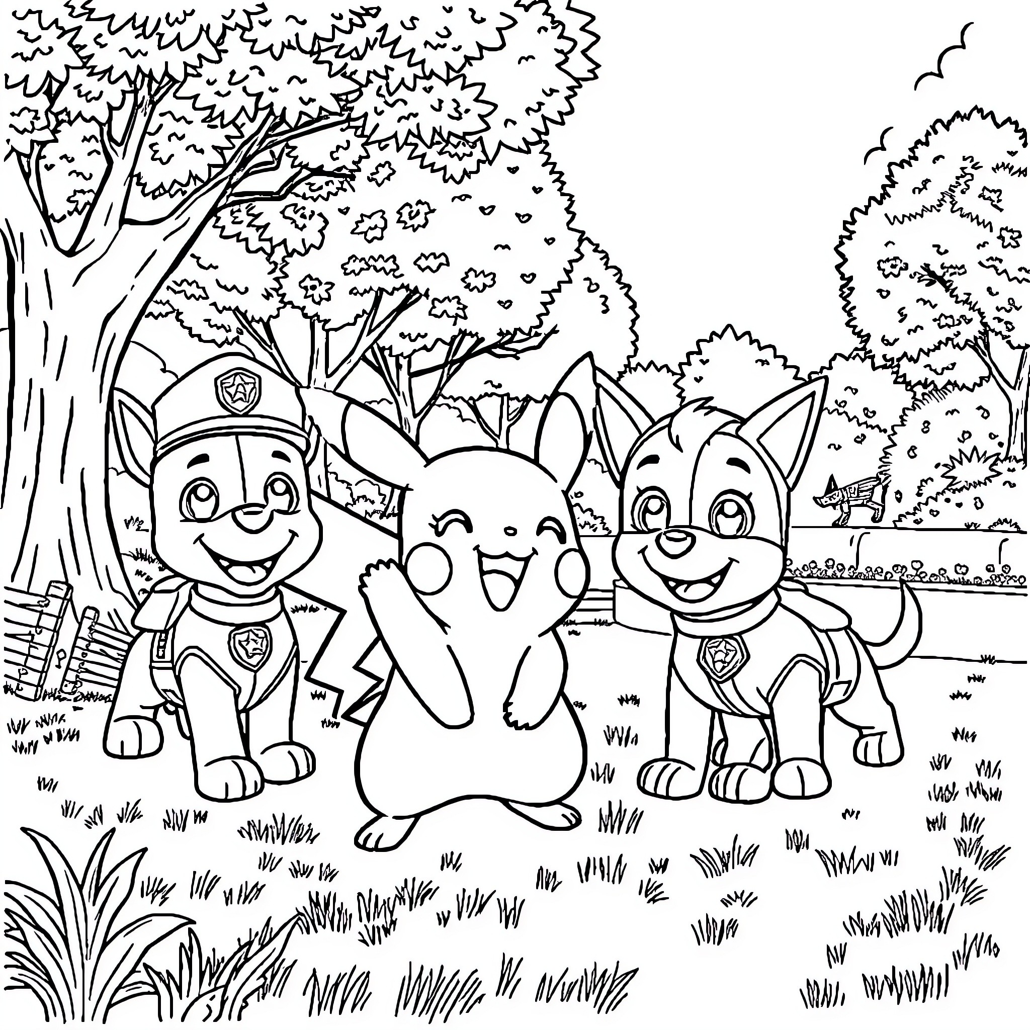 Pikachu and Paw Patrol Pups Explore the Forest Coloring Page (free black-and-white line drawing printable PDF for all, from beginners to advanced learners, including children, teens, adults, and seniors)