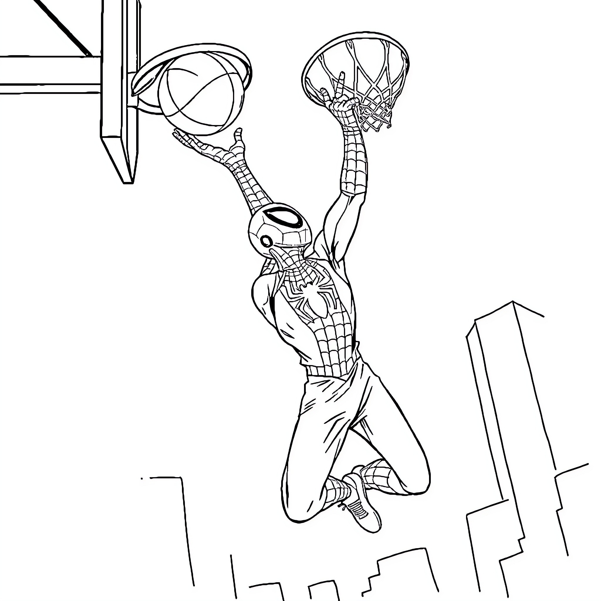 Spiderman dunking a basketball in the city Coloring Page (free black-and-white line drawing printable PDF for all, from beginners to advanced learners, including children, teens, adults, and seniors)