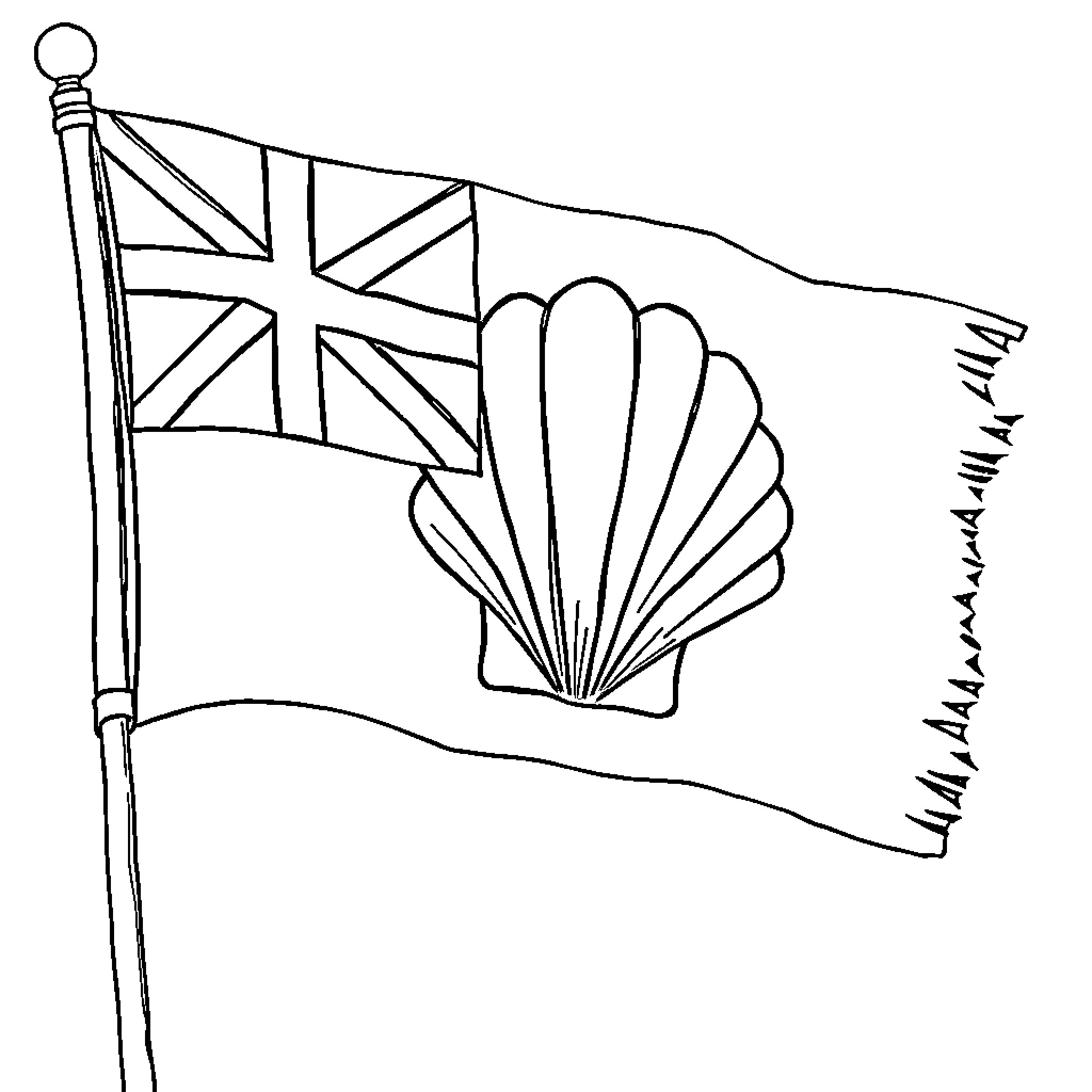 Flag featuring Union Jack and sea shell Coloring Page (free black-and-white line drawing printable PDF for all, from beginners to advanced learners, including children, teens, adults, and seniors)