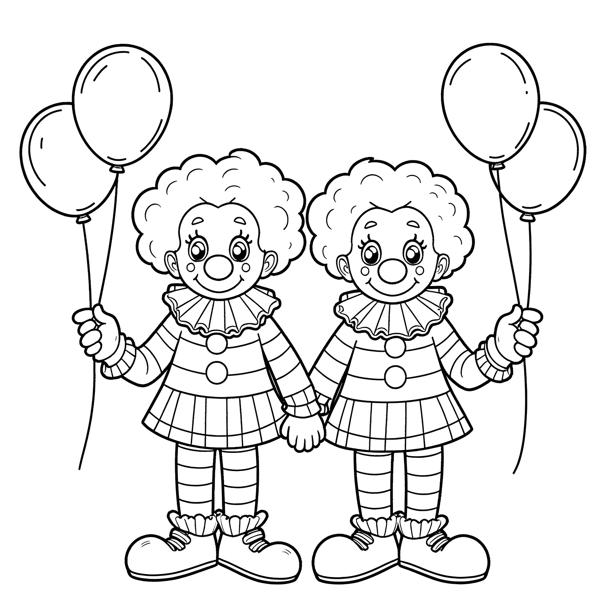 Clown siblings playing with balloons Coloring Page (free black-and-white line drawing printable PDF for all, from beginners to advanced learners, including children, teens, adults, and seniors)