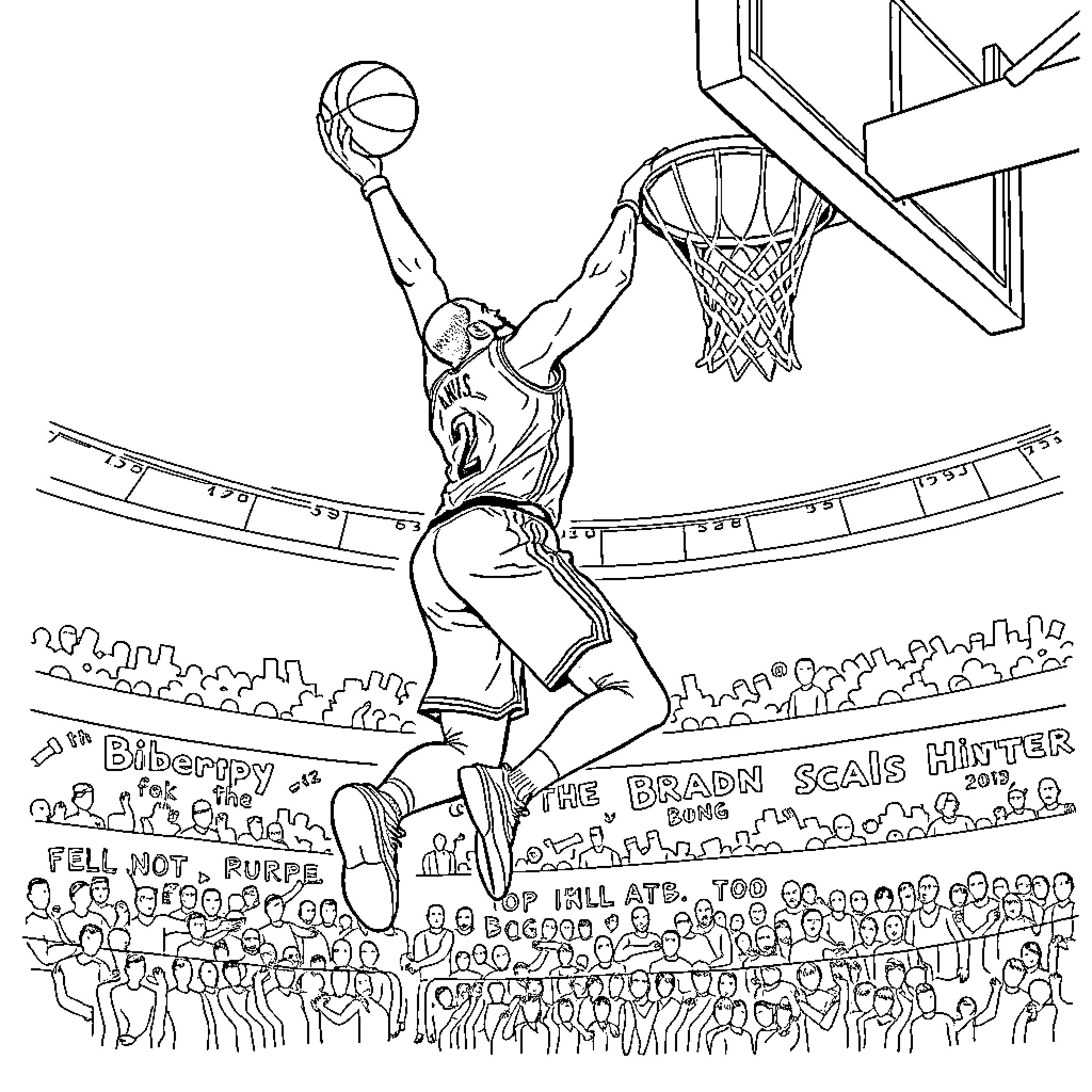 LeBron James dunking over crowd during basketball game Coloring Page (free black-and-white line drawing printable PDF for all, from beginners to advanced learners, including children, teens, adults, and seniors)