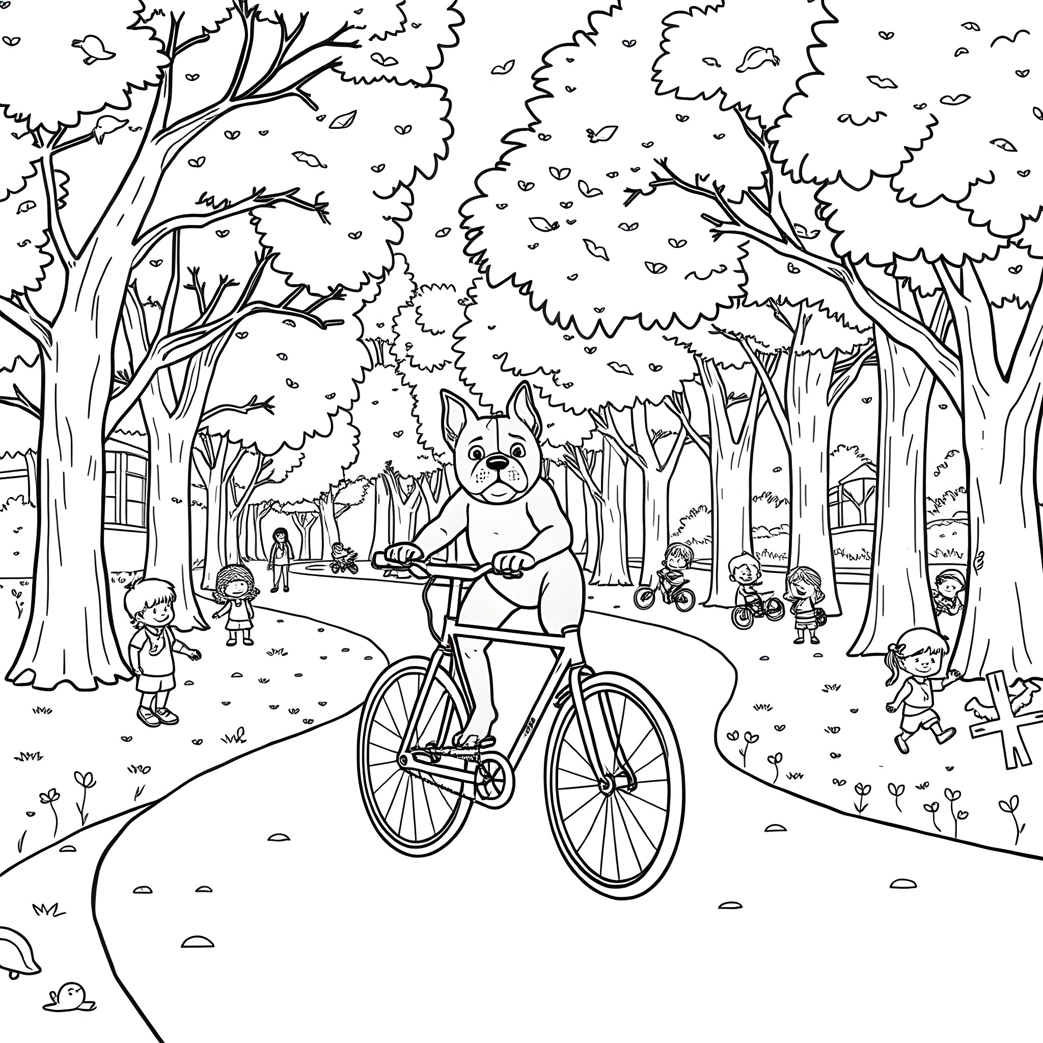 Pit Bull riding a bicycle through a park Coloring Page (free black-and-white line drawing printable PDF for all, from beginners to advanced learners, including children, teens, adults, and seniors)