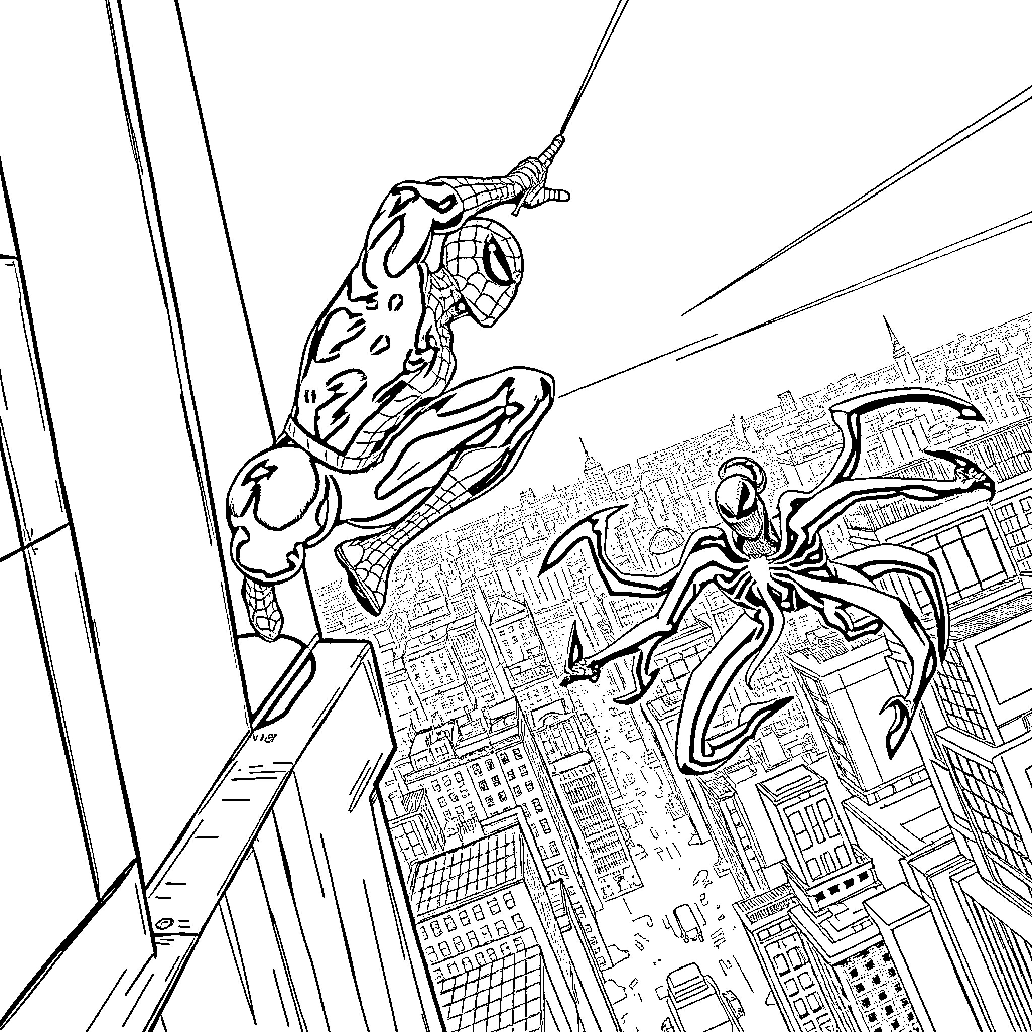 Spider-Man and Spider-Man engage in heroic action across the cityscape Coloring Page (free black-and-white line drawing printable PDF for all, from beginners to advanced learners, including children, teens, adults, and seniors)