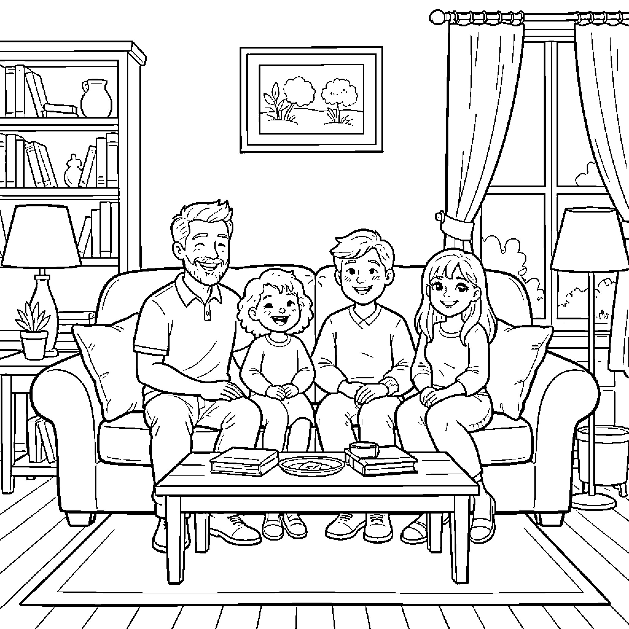 Family Enjoying Quality Time Together at Home Coloring Page (free black-and-white line drawing printable PDF for all, from beginners to advanced learners, including children, teens, adults, and seniors)