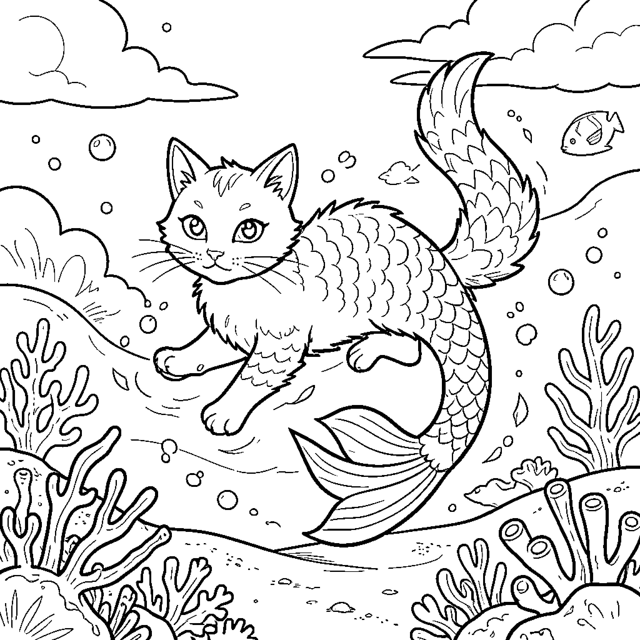 Mercat swimming in the underwater world Coloring Page (free black-and-white line drawing printable PDF for all, from beginners to advanced learners, including children, teens, adults, and seniors)