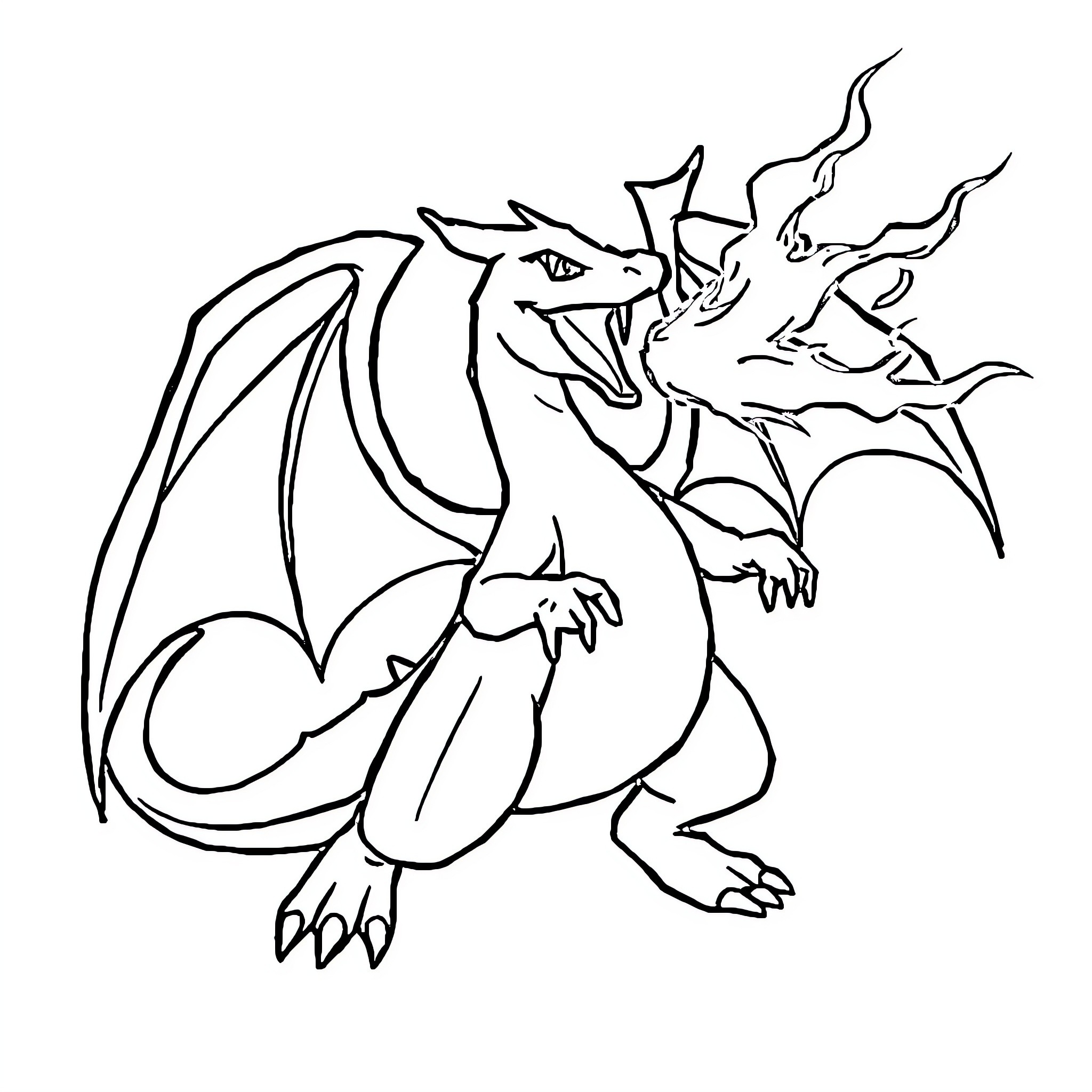 Charizard unleashing powerful fire breath Coloring Page (free black-and-white line drawing printable PDF for all, from beginners to advanced learners, including children, teens, adults, and seniors)