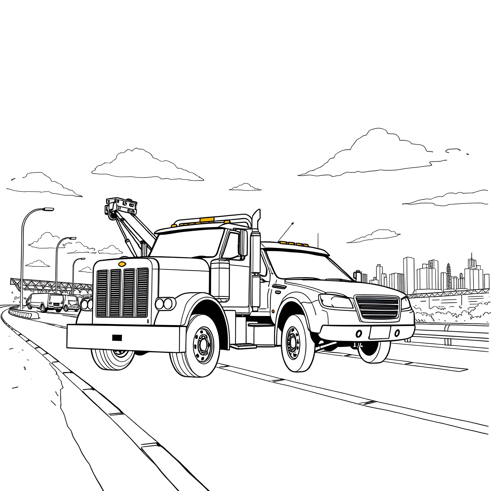Tow Truck Assisting Vehicle on City Street Coloring Page (free black-and-white line drawing printable PDF for all, from beginners to advanced learners, including children, teens, adults, and seniors)