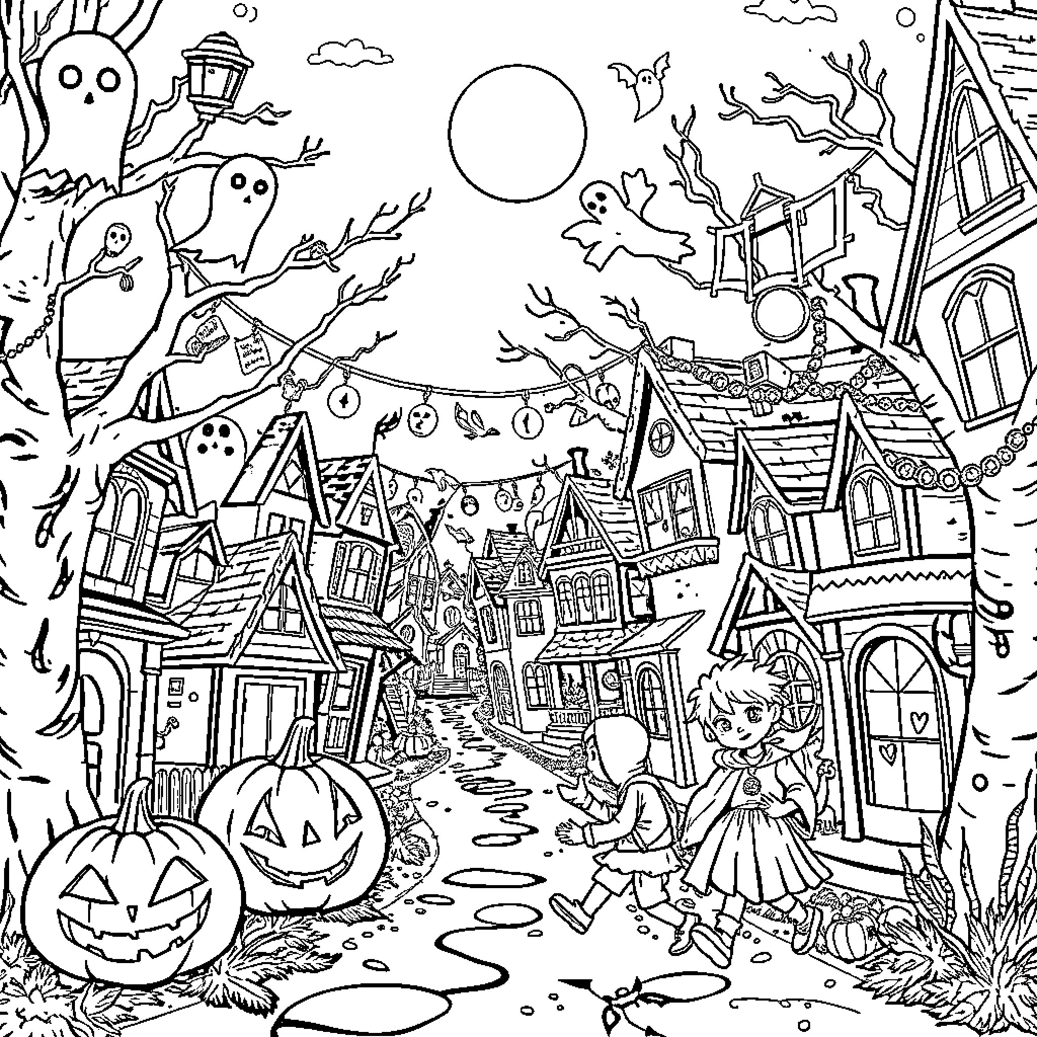 Halloween decorations and spooky scenes in the neighborhood Coloring Page (free black-and-white line drawing printable PDF for all, from beginners to advanced learners, including children, teens, adults, and seniors)