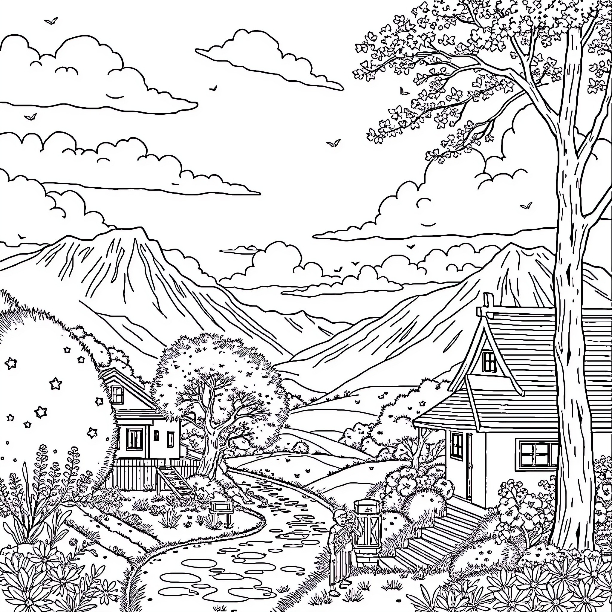 Studio Ghibli Countryside Landscape with Houses and Mountains Coloring Page (free black-and-white line drawing printable PDF for all, from beginners to advanced learners, including children, teens, adults, and seniors)