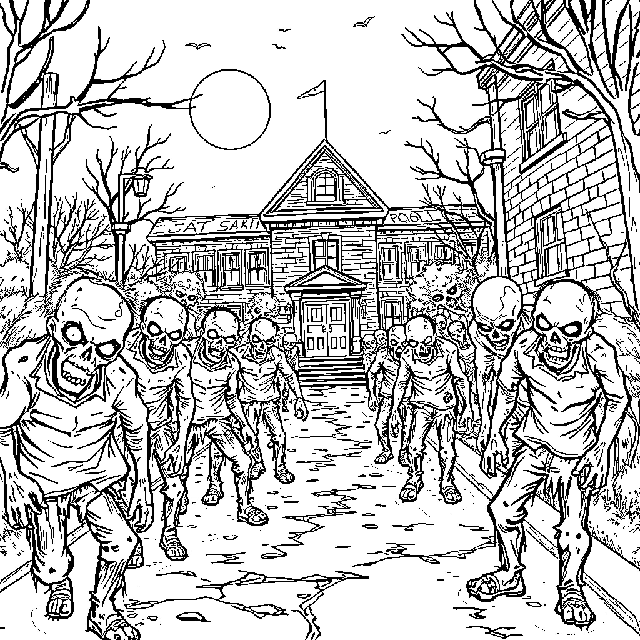 Zombie Horde Invades Haunted House Coloring Page (free black-and-white line drawing printable PDF for all, from beginners to advanced learners, including children, teens, adults, and seniors)