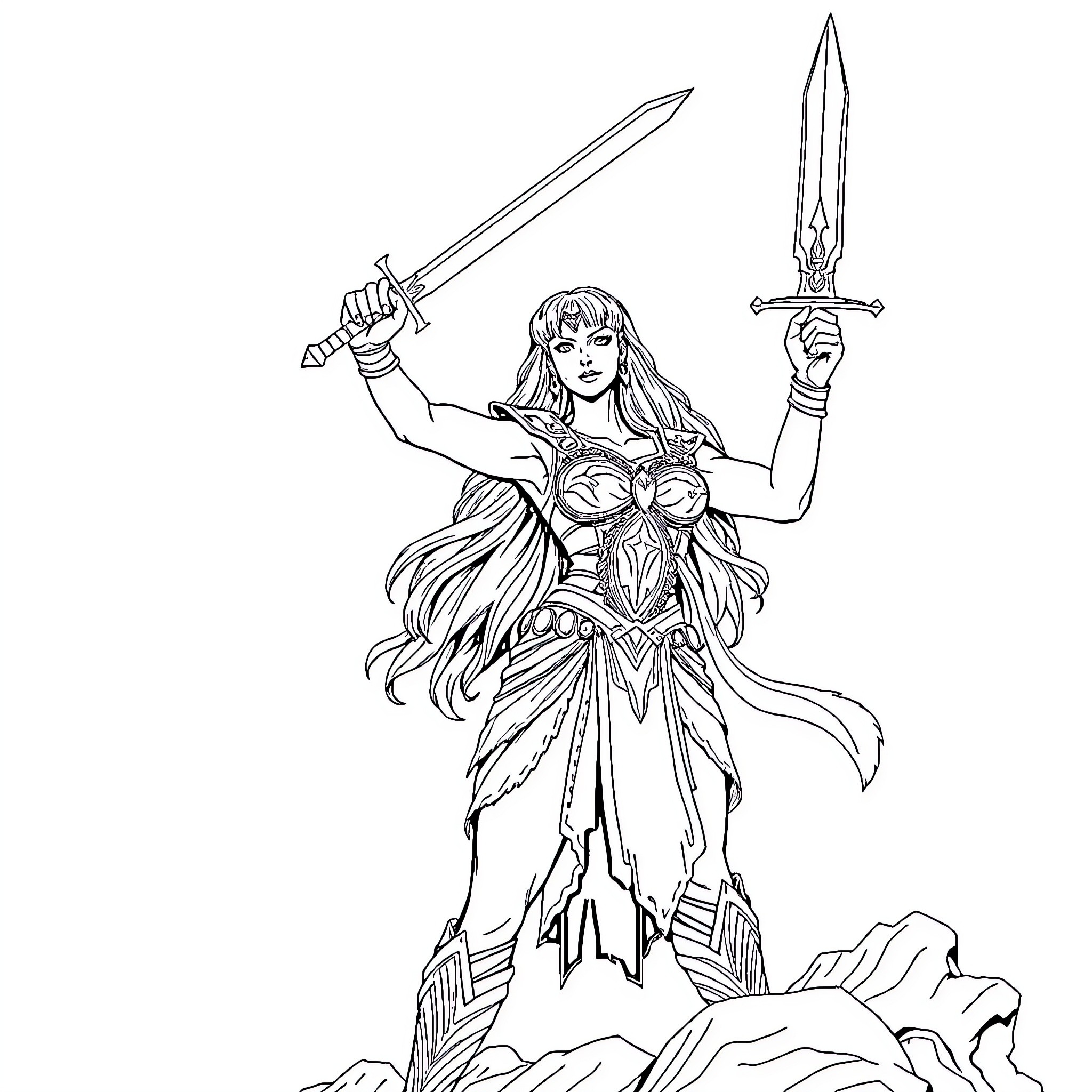 Xena, Warrior Princess brandishing swords in combat Coloring Page (free black-and-white line drawing printable PDF for all, from beginners to advanced learners, including children, teens, adults, and seniors)