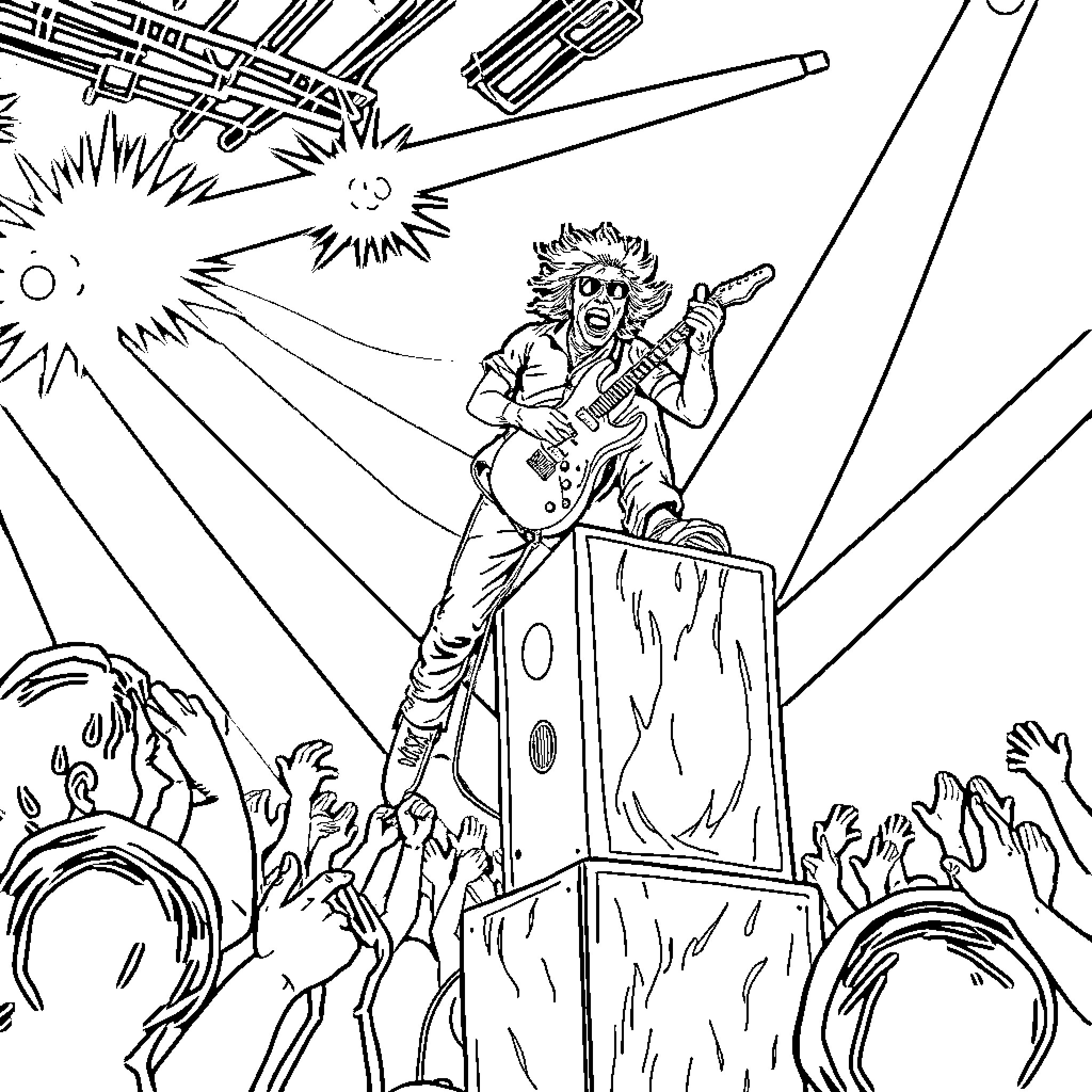 Guitarist performing energetically on stage Coloring Page (free black-and-white line drawing printable PDF for all, from beginners to advanced learners, including children, teens, adults, and seniors)