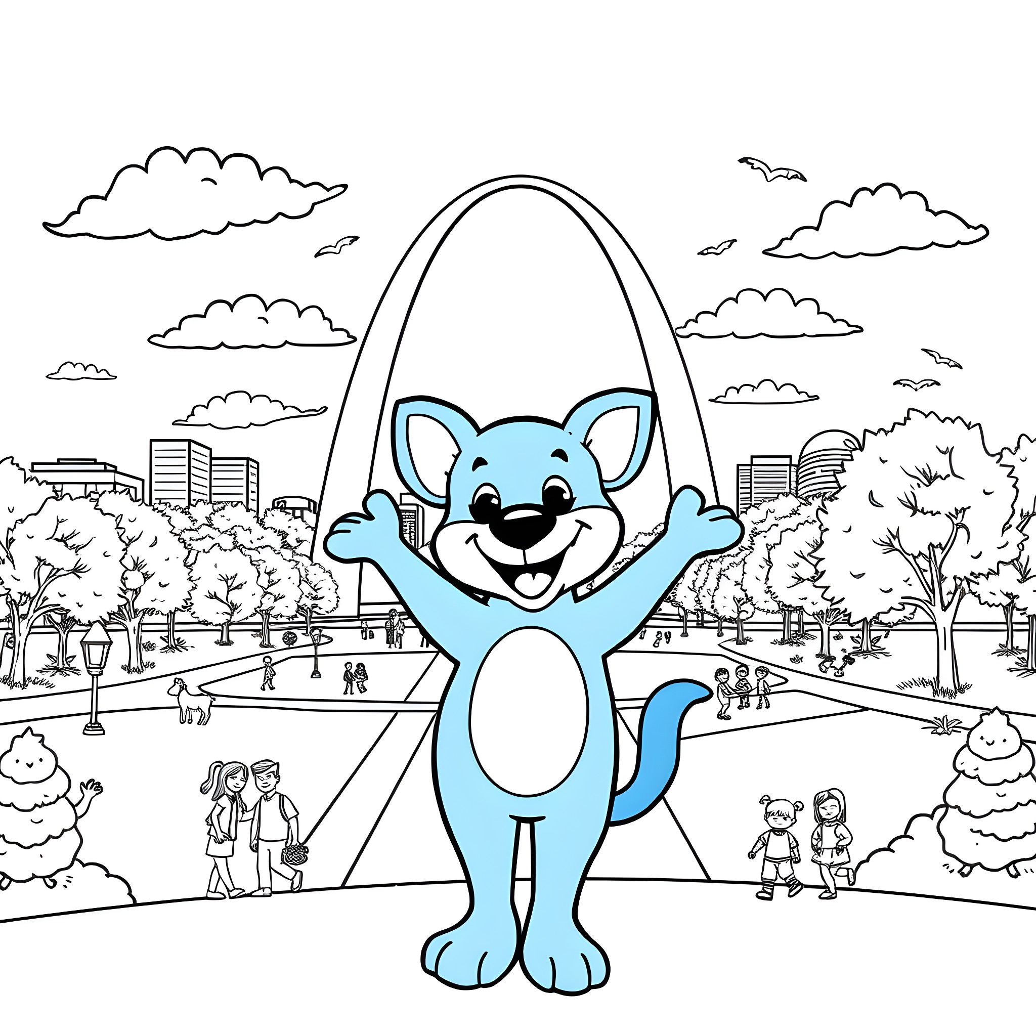 Bluey exploring the city with a joyful expression Coloring Page (free black-and-white line drawing printable PDF for all, from beginners to advanced learners, including children, teens, adults, and seniors)