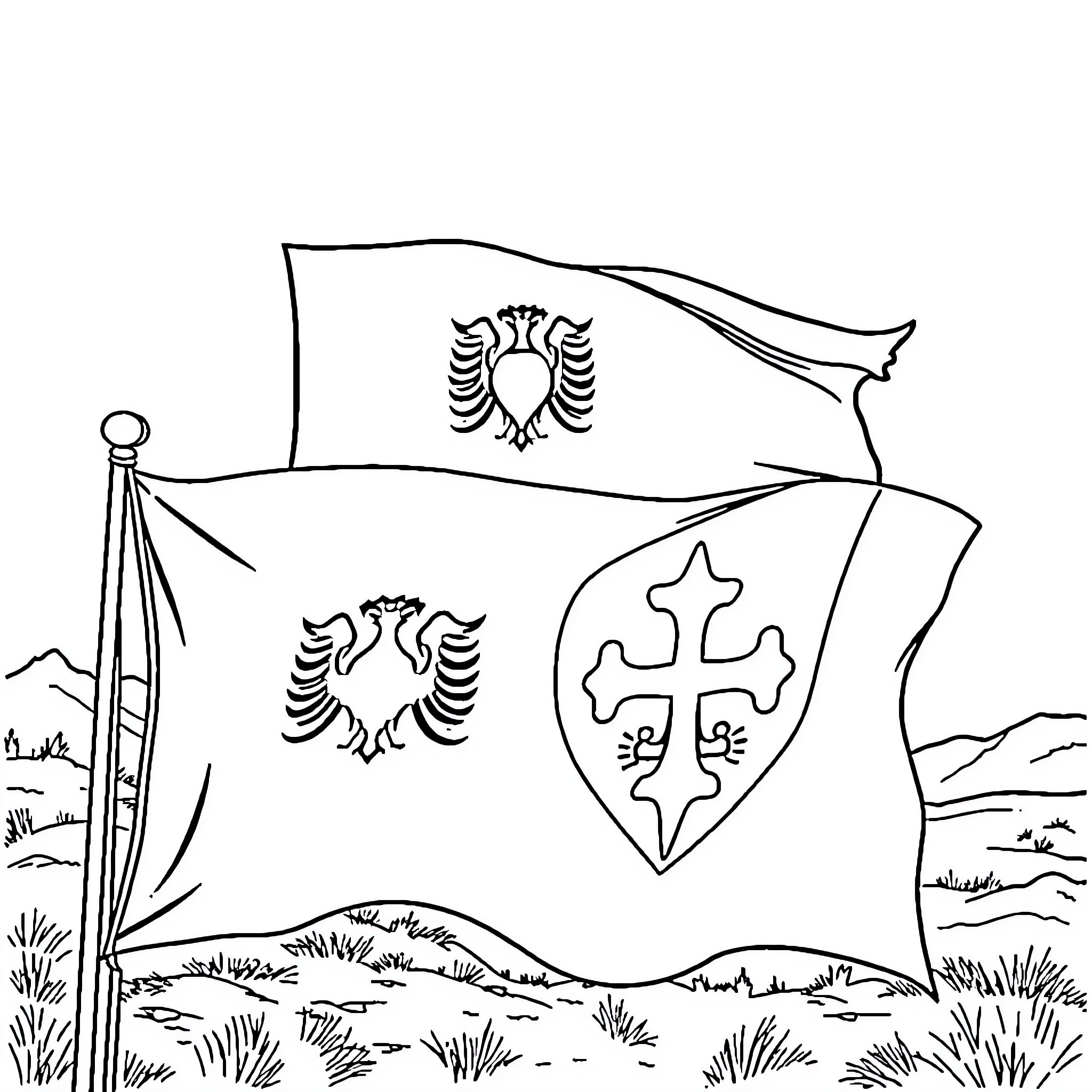 Flag with Symbols Waving in the Wind Coloring Page (free black-and-white line drawing printable PDF for all, from beginners to advanced learners, including children, teens, adults, and seniors)