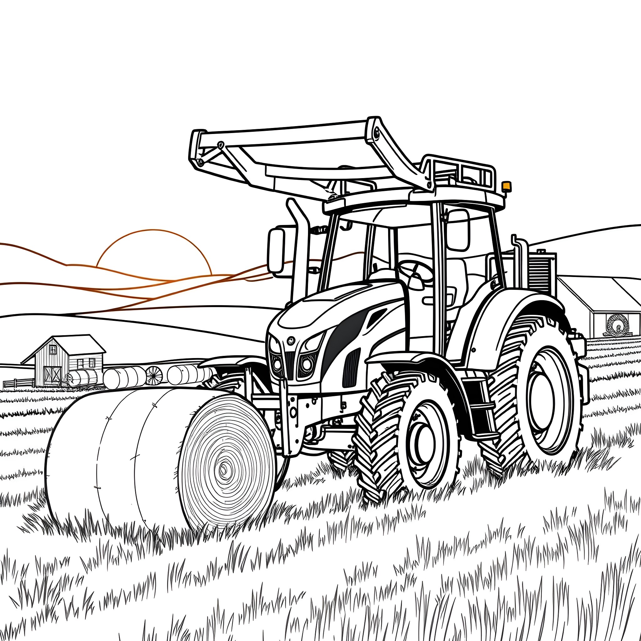Bale tractor transporting hay bales in rural field Coloring Page (free black-and-white line drawing printable PDF for all, from beginners to advanced learners, including children, teens, adults, and seniors)