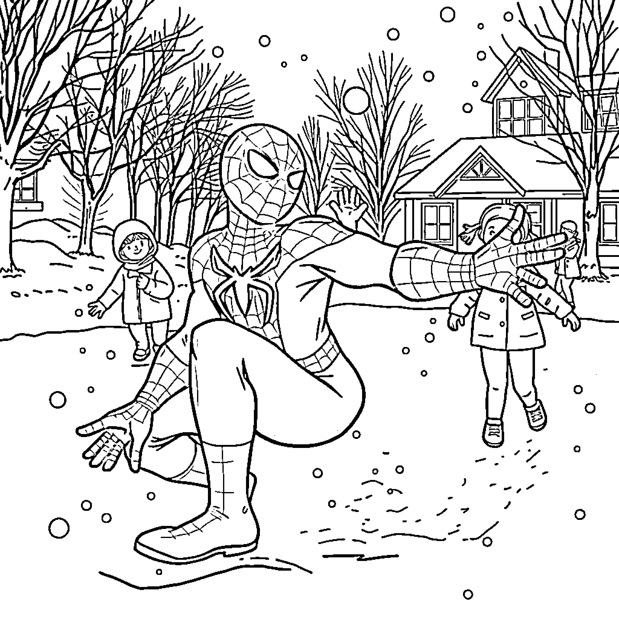Spider-Man's Winter Adventure with Children Coloring Page (free black-and-white line drawing printable PDF for all, from beginners to advanced learners, including children, teens, adults, and seniors)