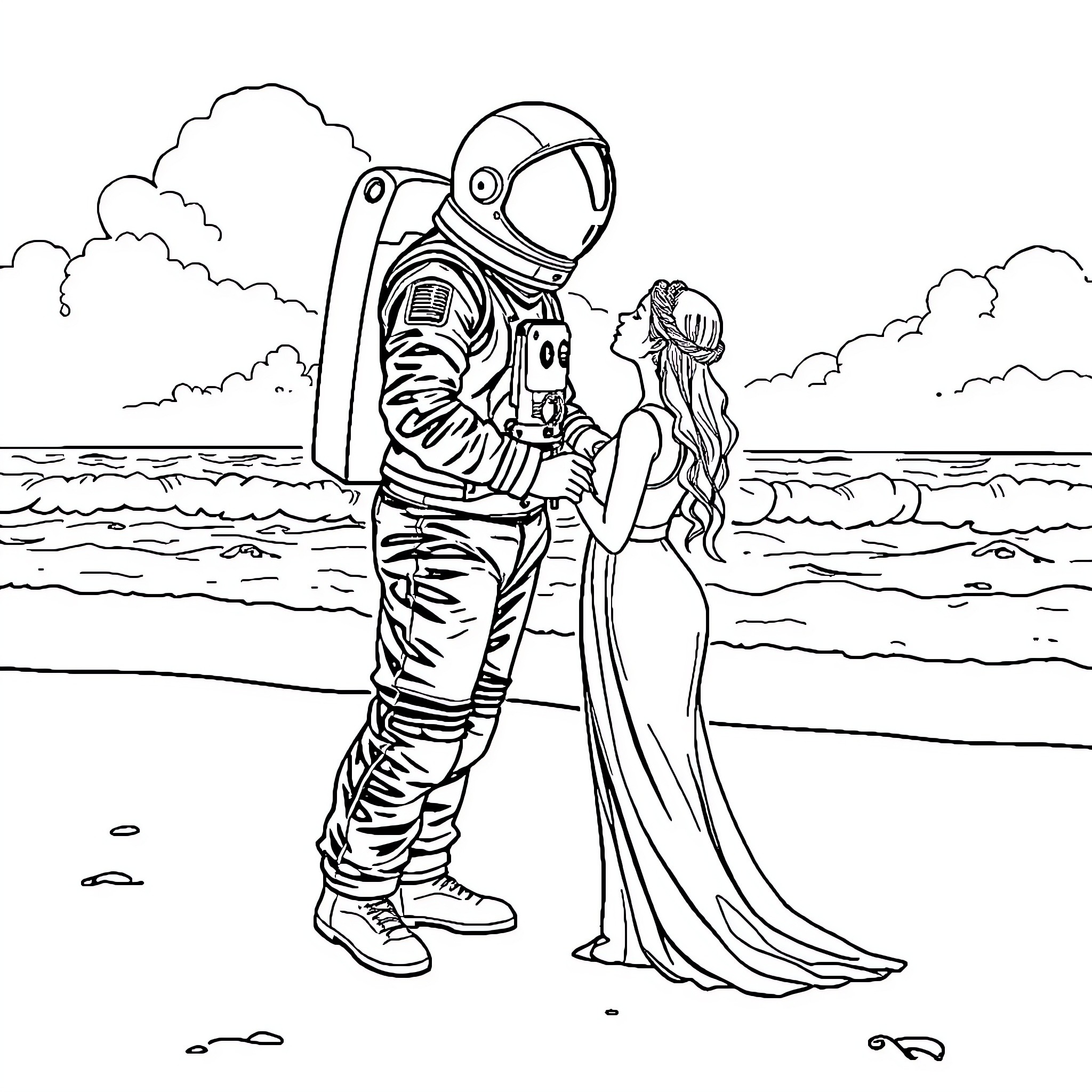 Astronaut and woman on the beach Coloring Page (free black-and-white line drawing printable PDF for all, from beginners to advanced learners, including children, teens, adults, and seniors)