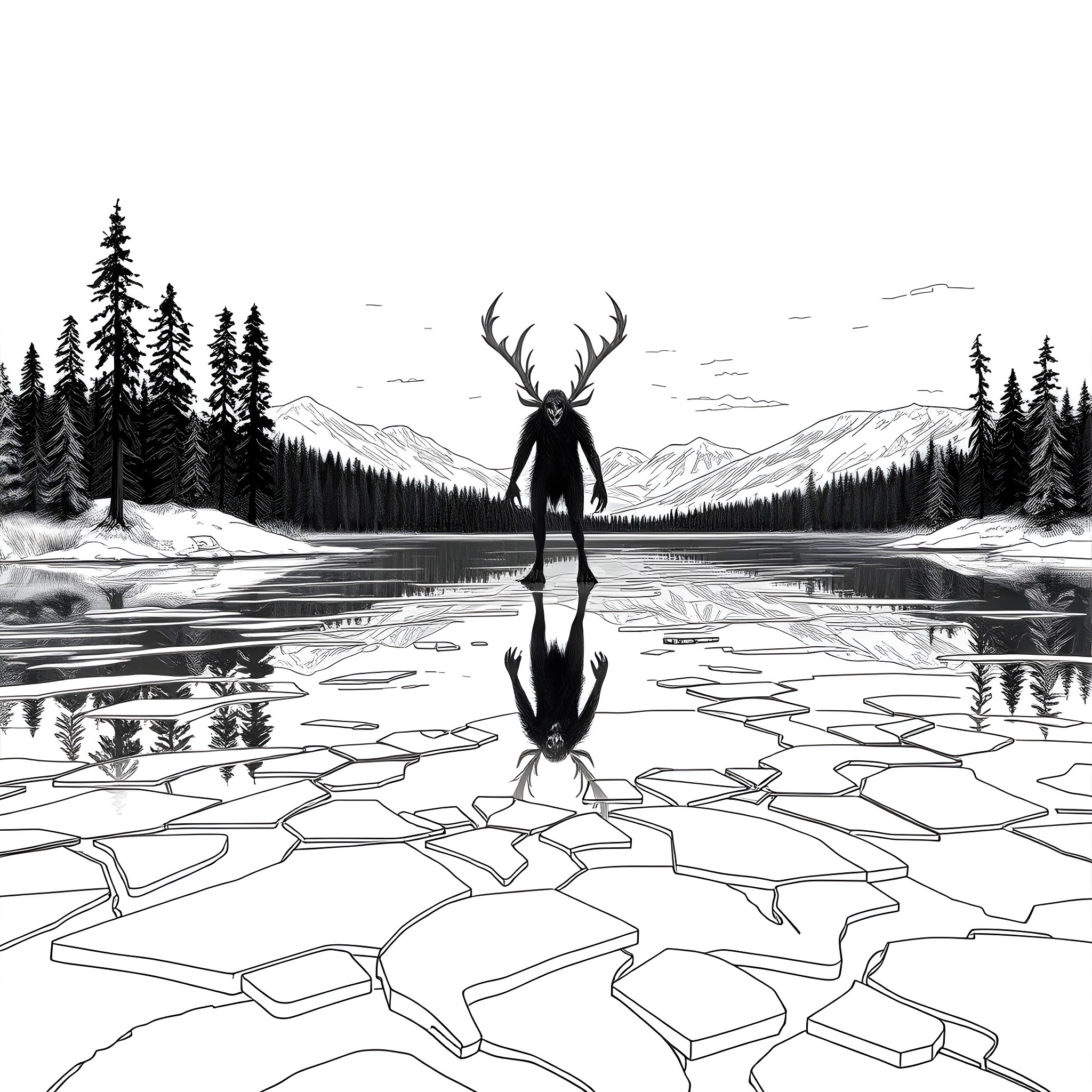 Wendigo stalking frozen lake in winter wilderness Coloring Page (free black-and-white line drawing printable PDF for all, from beginners to advanced learners, including children, teens, adults, and seniors)