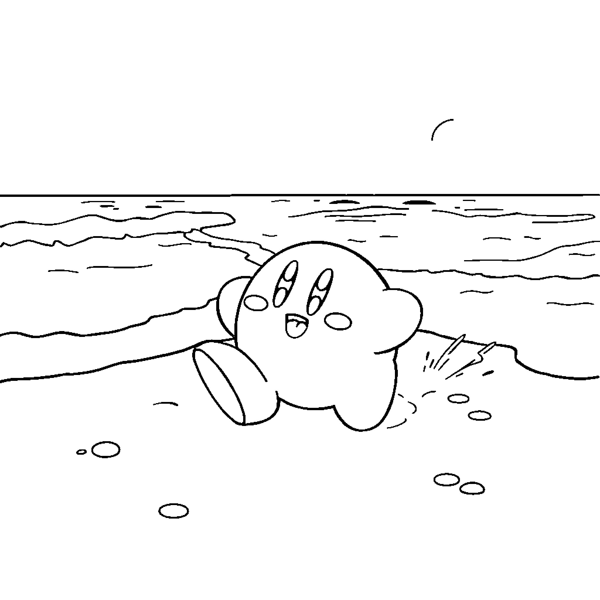 Kirby enjoying a day at the beach Coloring Page (free black-and-white line drawing printable PDF for all, from beginners to advanced learners, including children, teens, adults, and seniors)