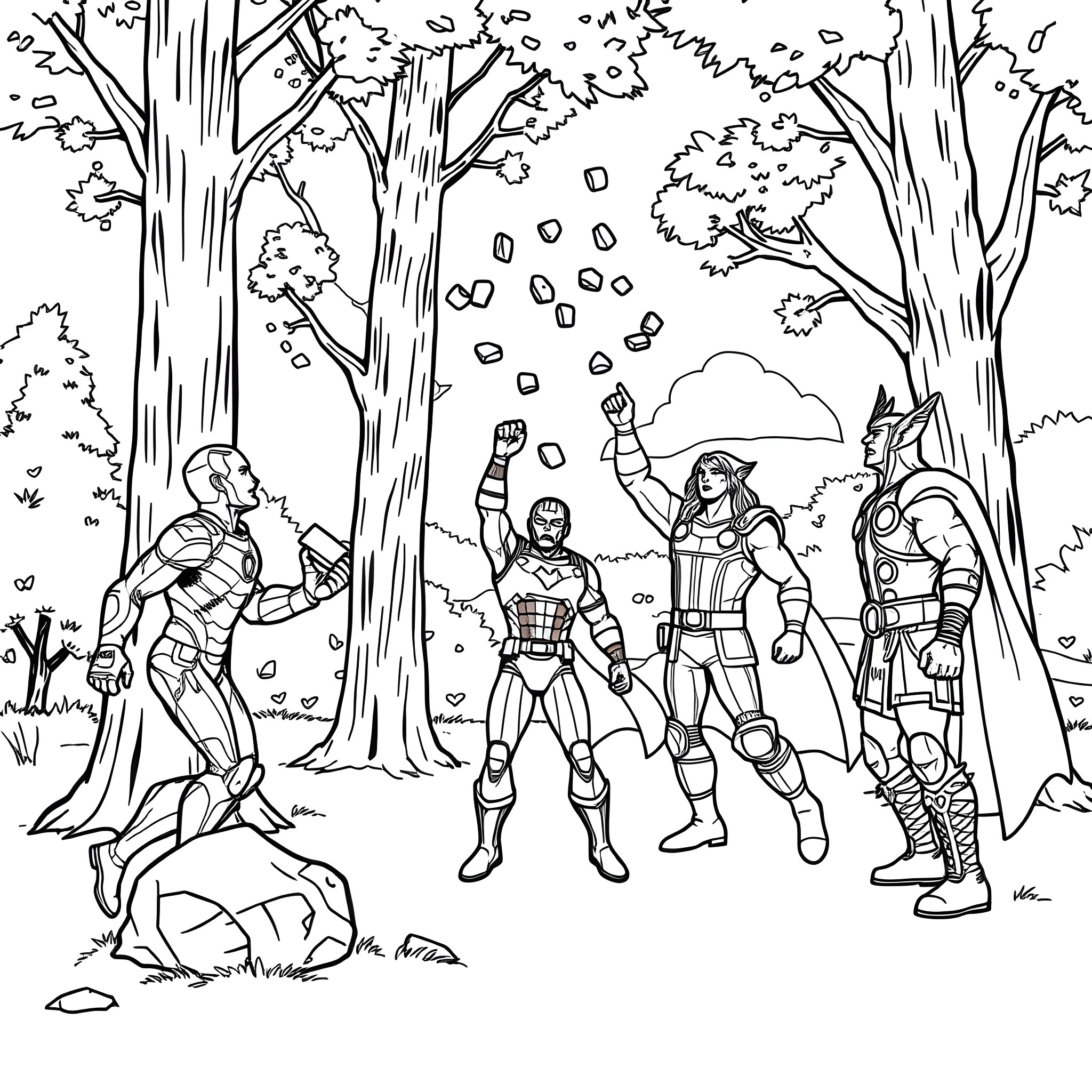 Avengers Assembling in Autumn Forest Coloring Page (free black-and-white line drawing printable PDF for all, from beginners to advanced learners, including children, teens, adults, and seniors)