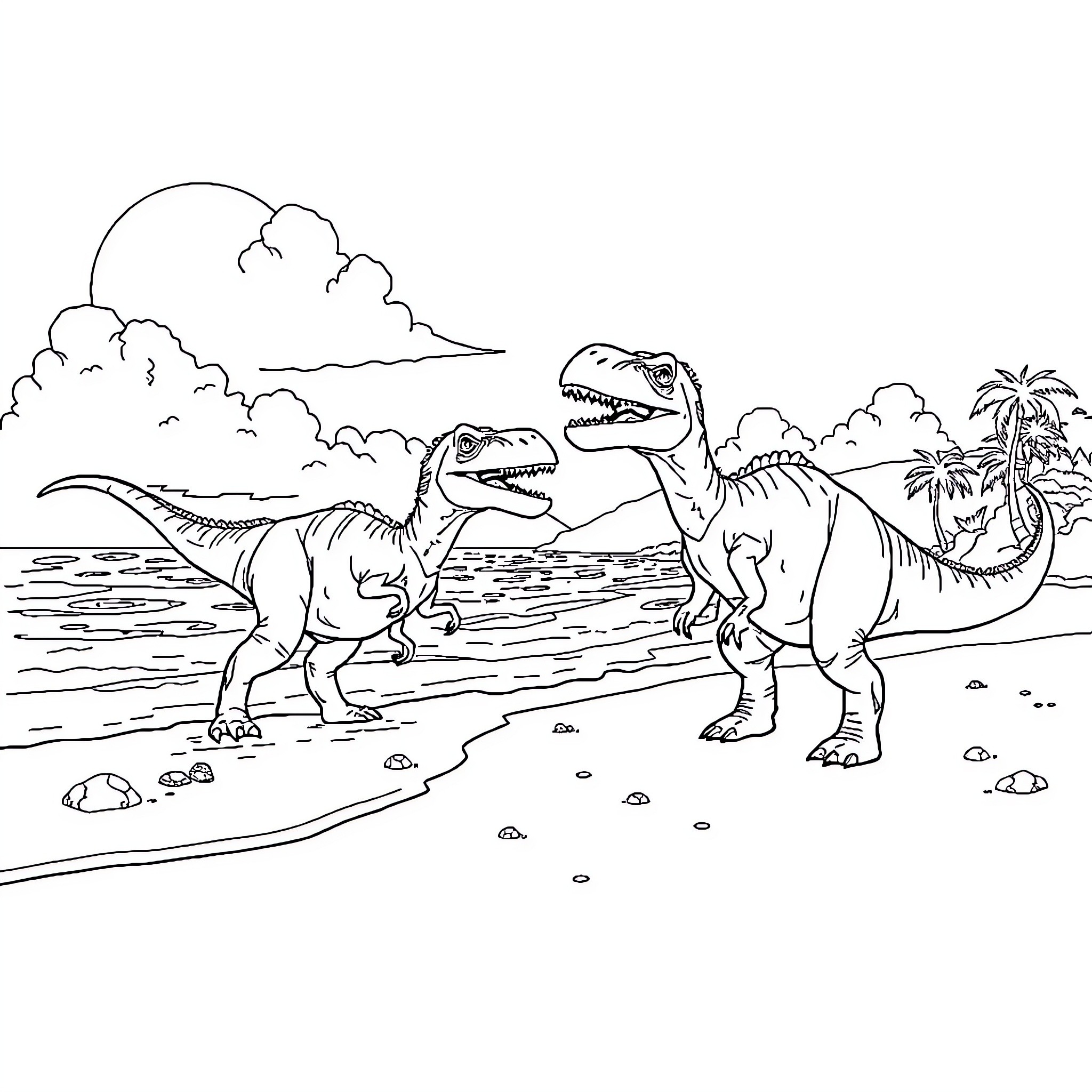 Dinosaurs Roaming in Prehistoric Landscape Coloring Page (free black-and-white line drawing printable PDF for all, from beginners to advanced learners, including children, teens, adults, and seniors)