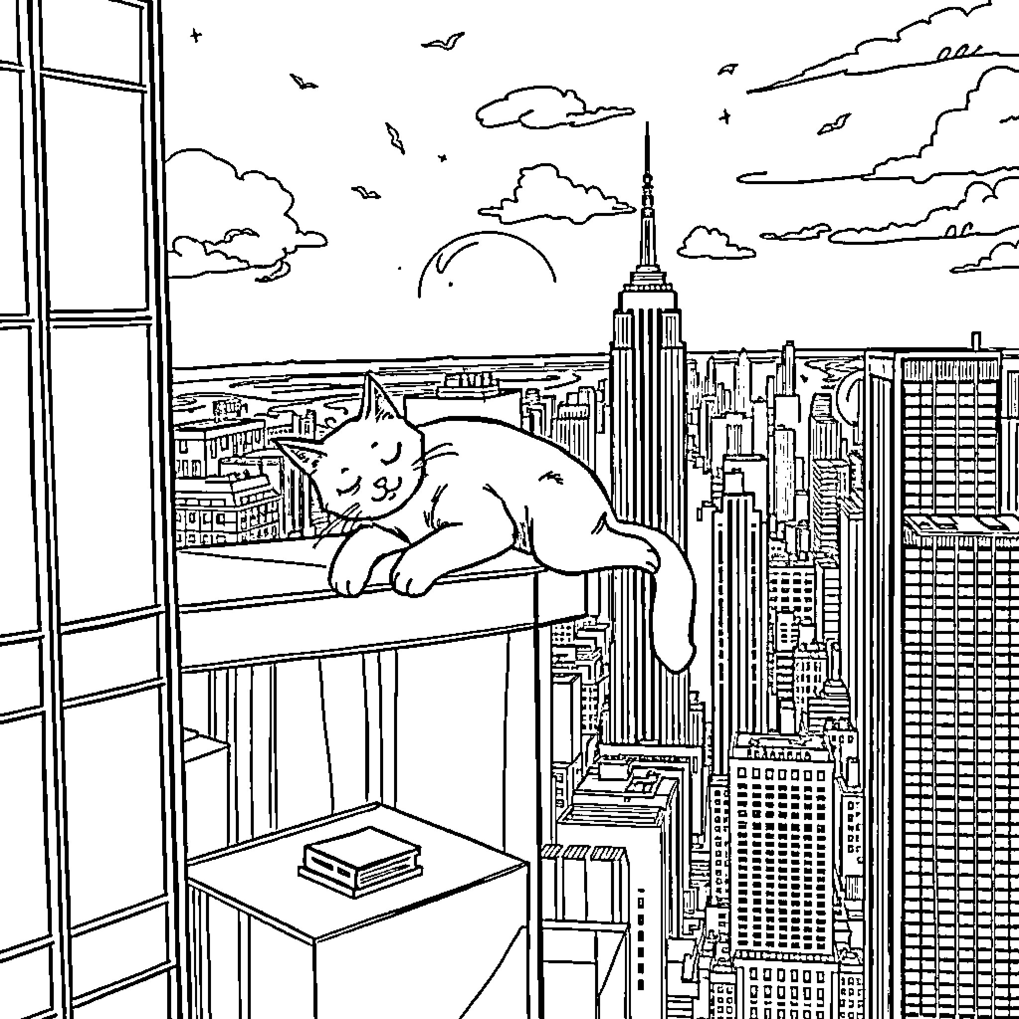 Cat lounging on building overlooking cityscape Coloring Page (free black-and-white line drawing printable PDF for all, from beginners to advanced learners, including children, teens, adults, and seniors)