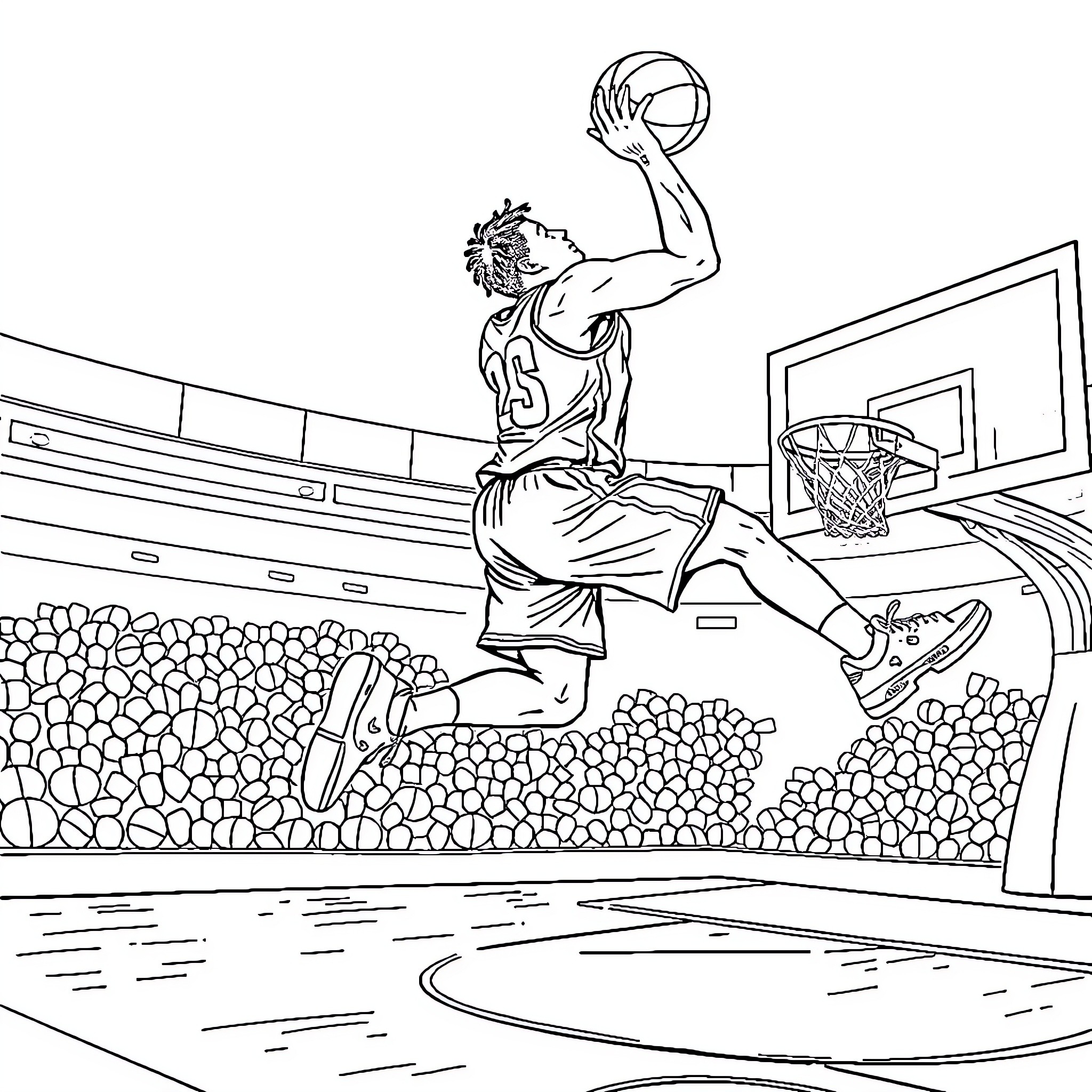 Wembanyama dunking the basketball in the court Coloring Page (free black-and-white line drawing printable PDF for all, from beginners to advanced learners, including children, teens, adults, and seniors)