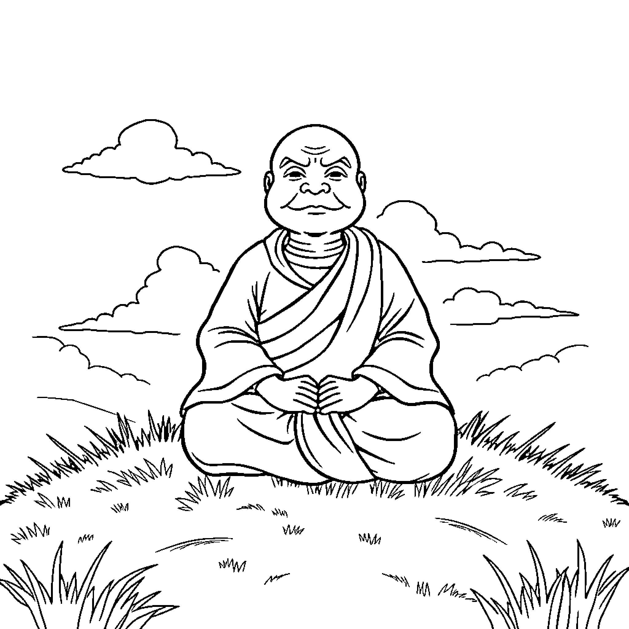 Turtle-shaped figure meditating peacefully in nature Coloring Page (free black-and-white line drawing printable PDF for all, from beginners to advanced learners, including children, teens, adults, and seniors)