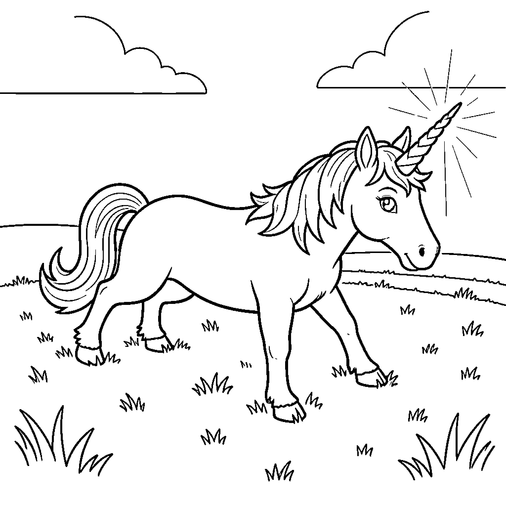 Unicorn standing gracefully in a grassy field Coloring Page (free black-and-white line drawing printable PDF for all, from beginners to advanced learners, including children, teens, adults, and seniors)
