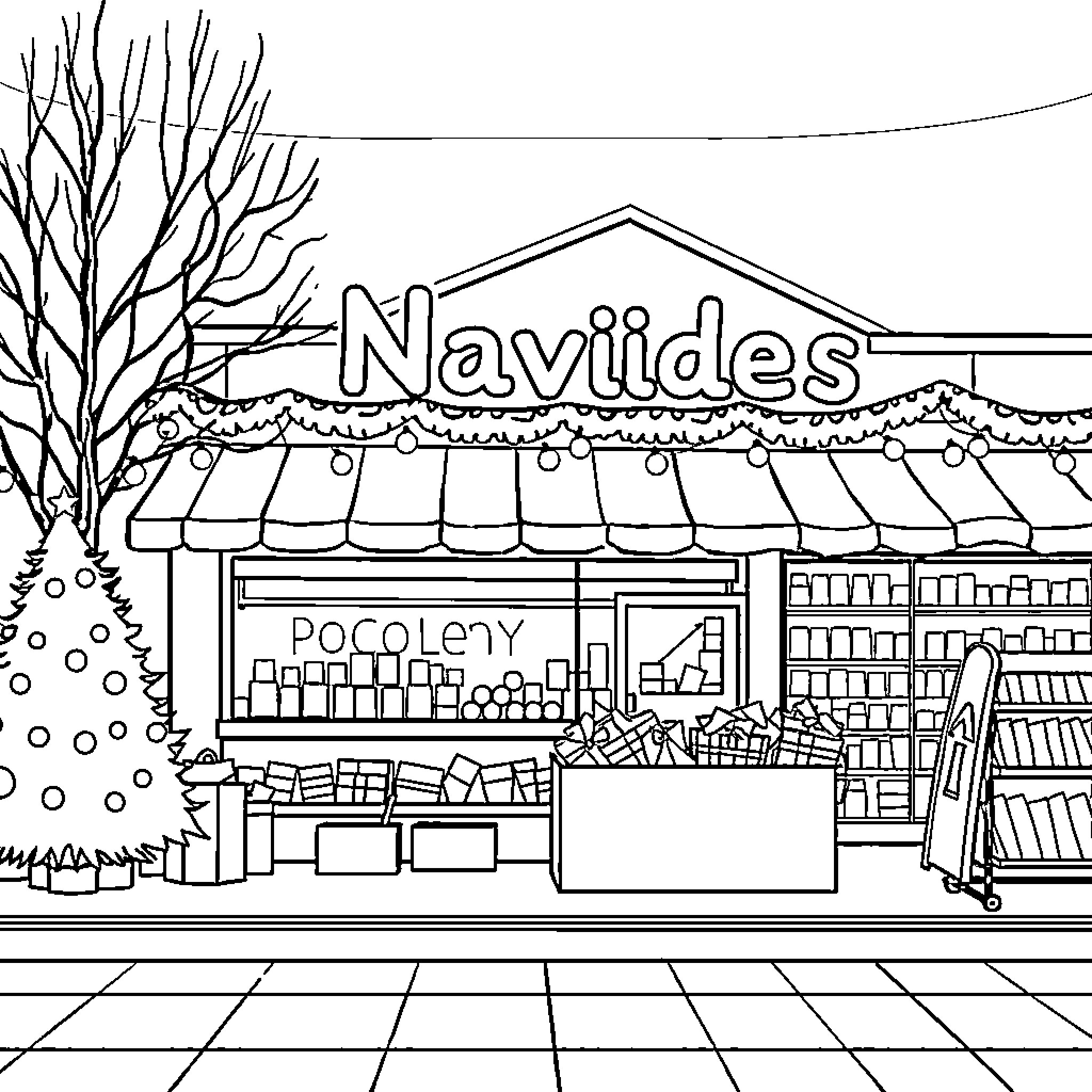 Christmas market with traditional holiday decorations Coloring Page (free black-and-white line drawing printable PDF for all, from beginners to advanced learners, including children, teens, adults, and seniors)