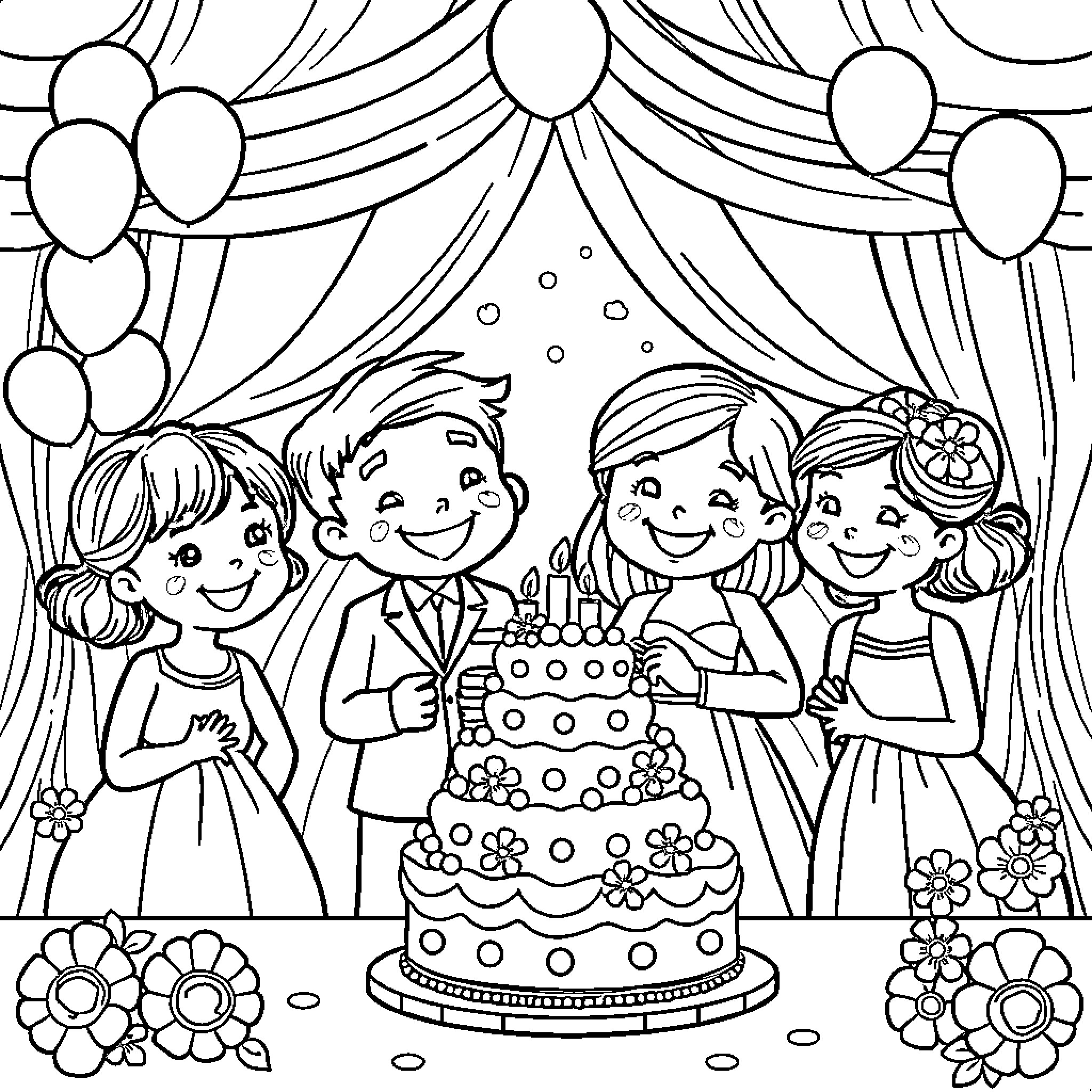 Wedding celebration with a cake and happy guests Coloring Page (free black-and-white line drawing printable PDF for all, from beginners to advanced learners, including children, teens, adults, and seniors)