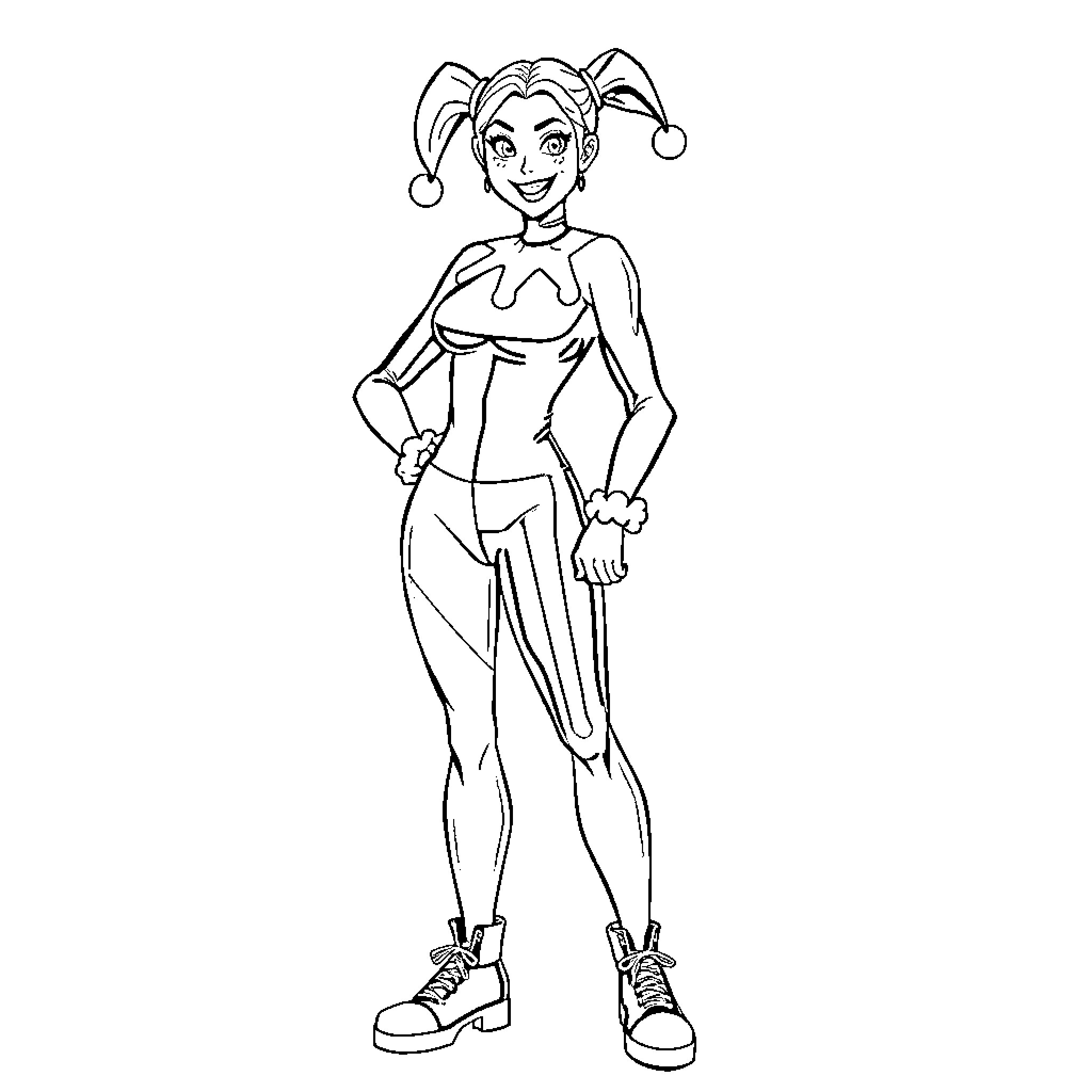 Harley Quinn in Playful Outfit and Pose Coloring Page (free black-and-white line drawing printable PDF for all, from beginners to advanced learners, including children, teens, adults, and seniors)
