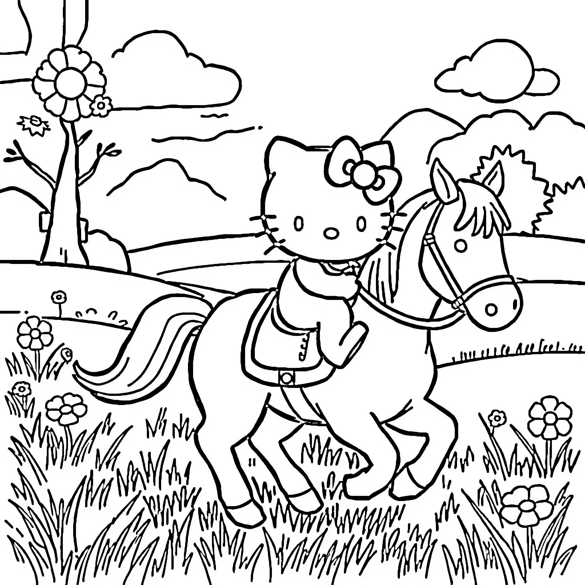 Hello Kitty riding a horse in a meadow Coloring Page (free black-and-white line drawing printable PDF for all, from beginners to advanced learners, including children, teens, adults, and seniors)