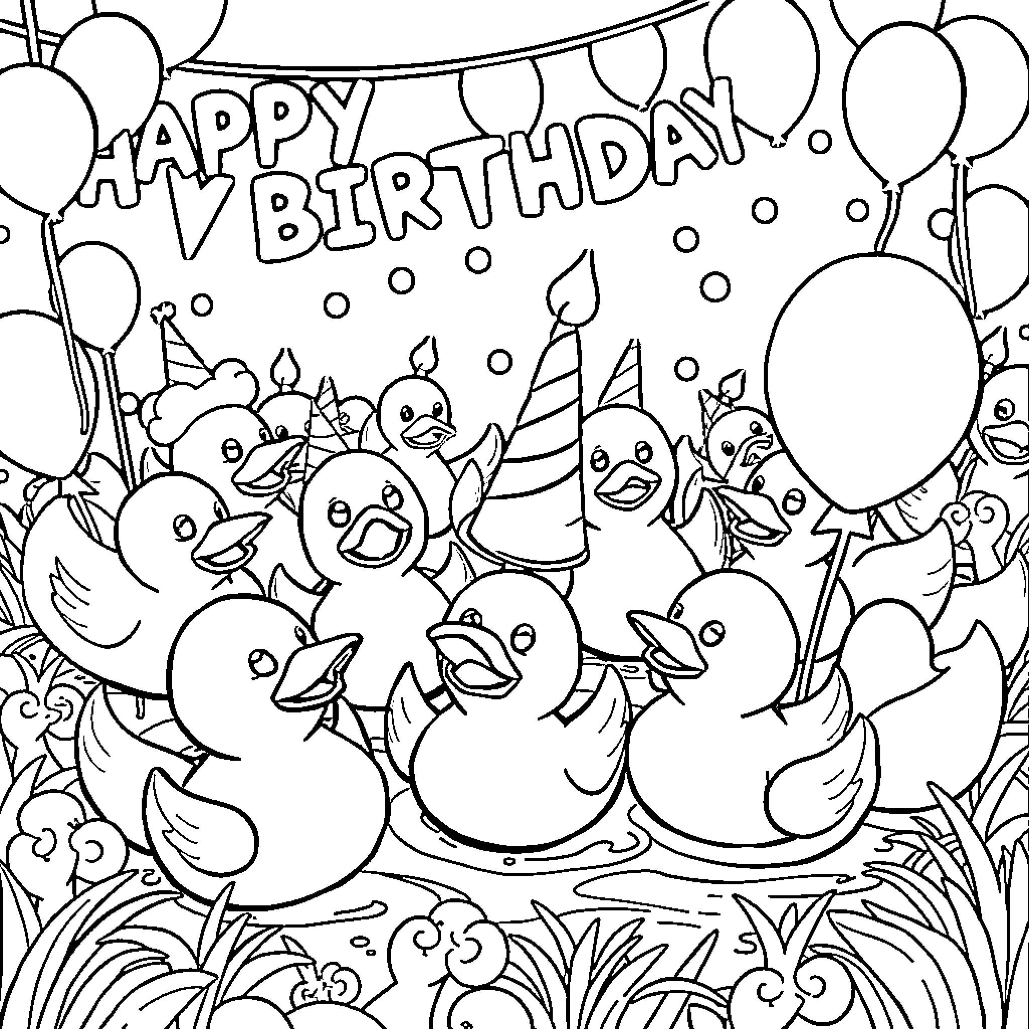 Rubber Duck Birthday Celebration with Balloons Coloring Page (free black-and-white line drawing printable PDF for all, from beginners to advanced learners, including children, teens, adults, and seniors)