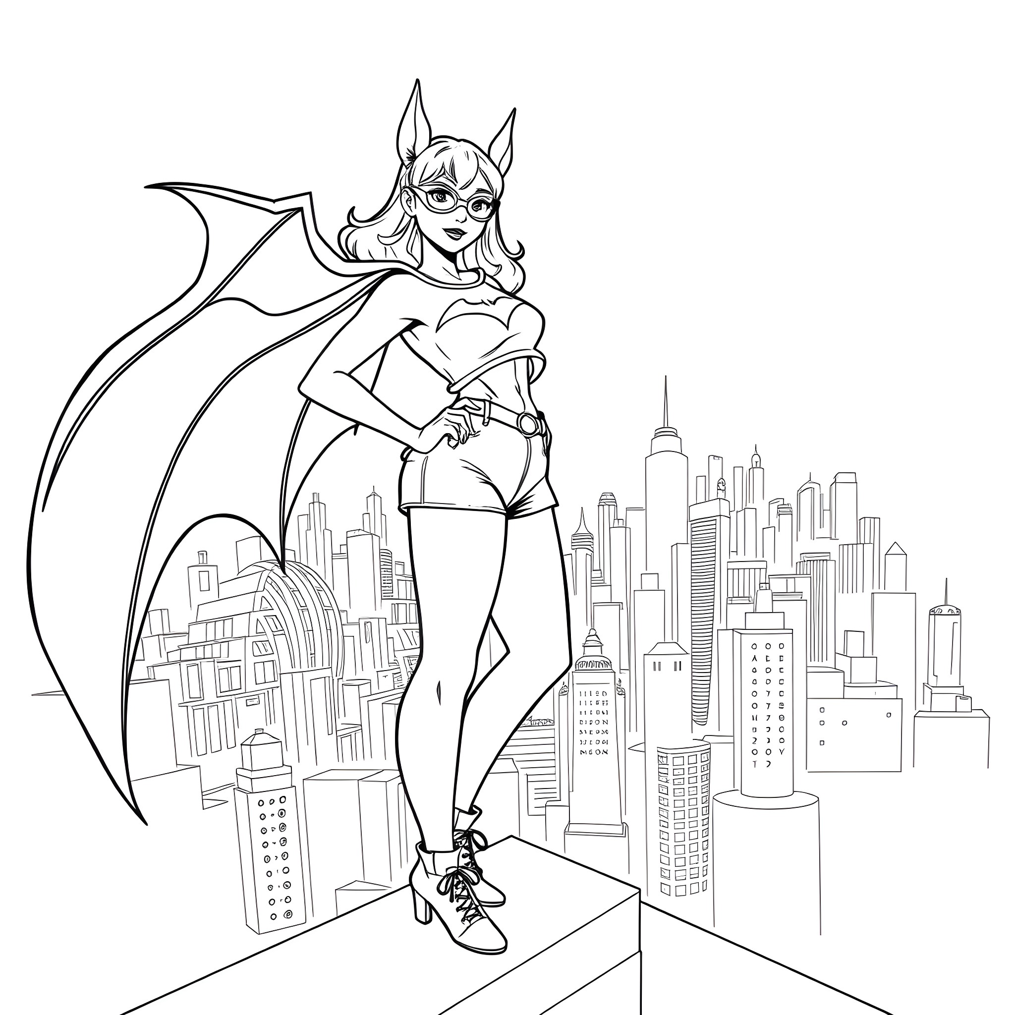 Bat Woman soaring over the city Coloring Page (free black-and-white line drawing printable PDF for all, from beginners to advanced learners, including children, teens, adults, and seniors)