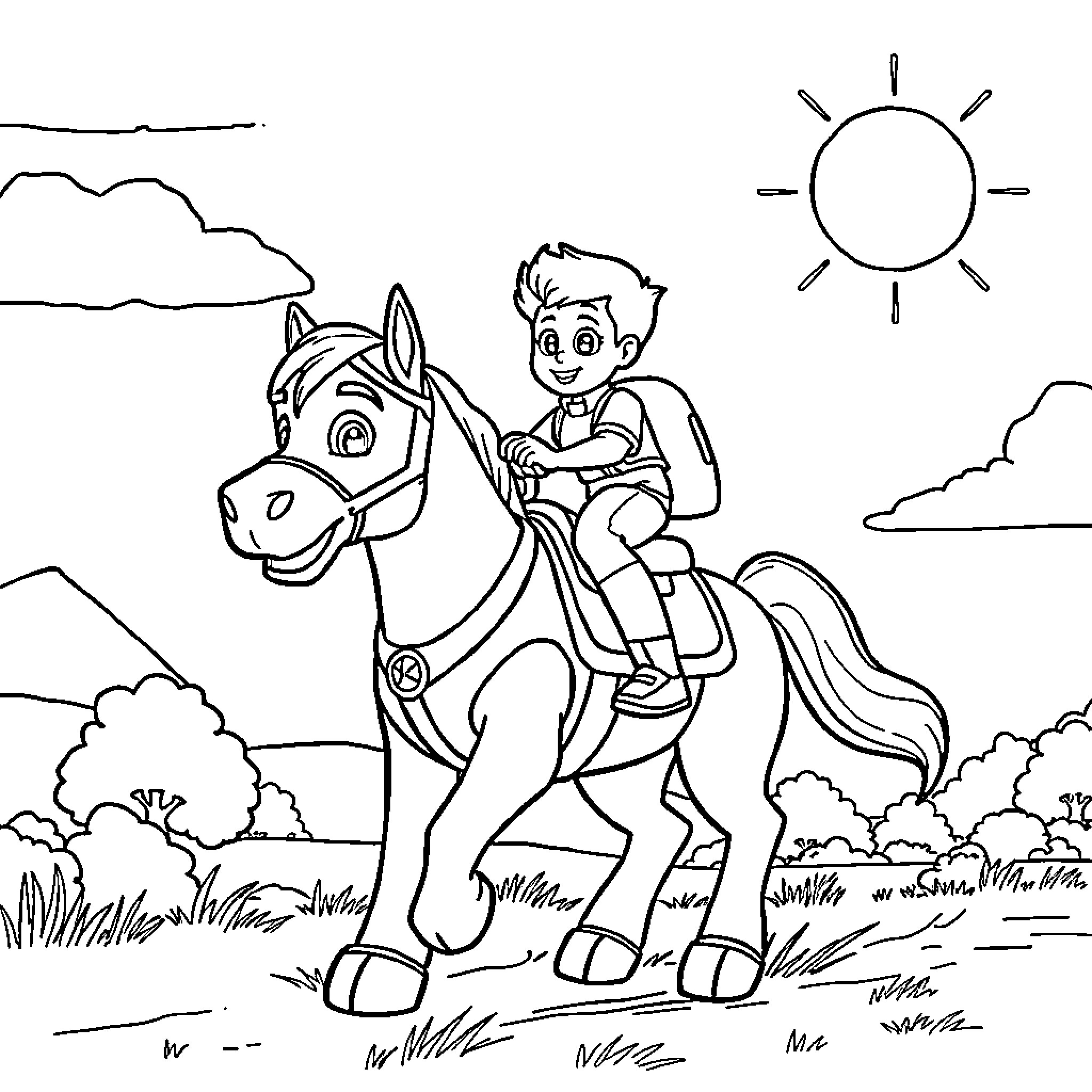 Marcus riding a happy horse in the countryside Coloring Page (free black-and-white line drawing printable PDF for all, from beginners to advanced learners, including children, teens, adults, and seniors)