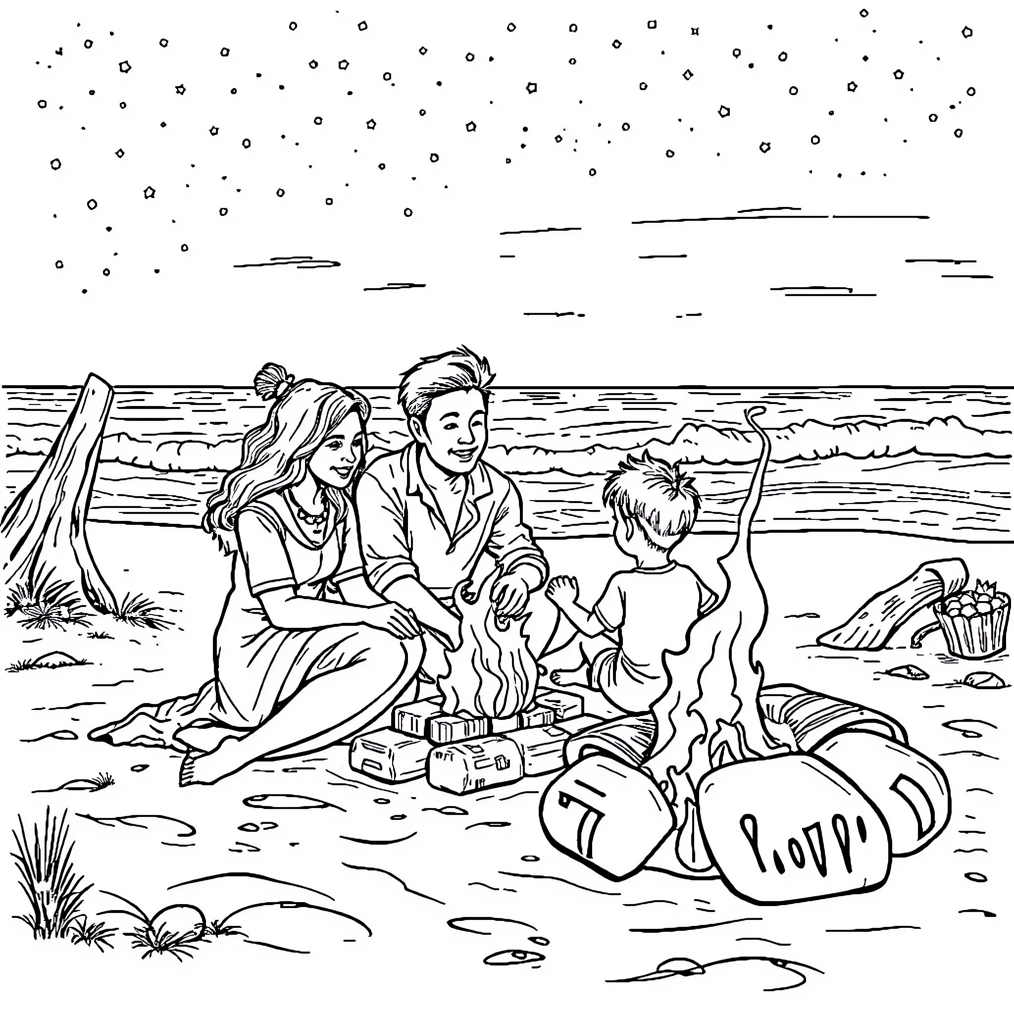 Family enjoying a beach day together Coloring Page (free black-and-white line drawing printable PDF for all, from beginners to advanced learners, including children, teens, adults, and seniors)
