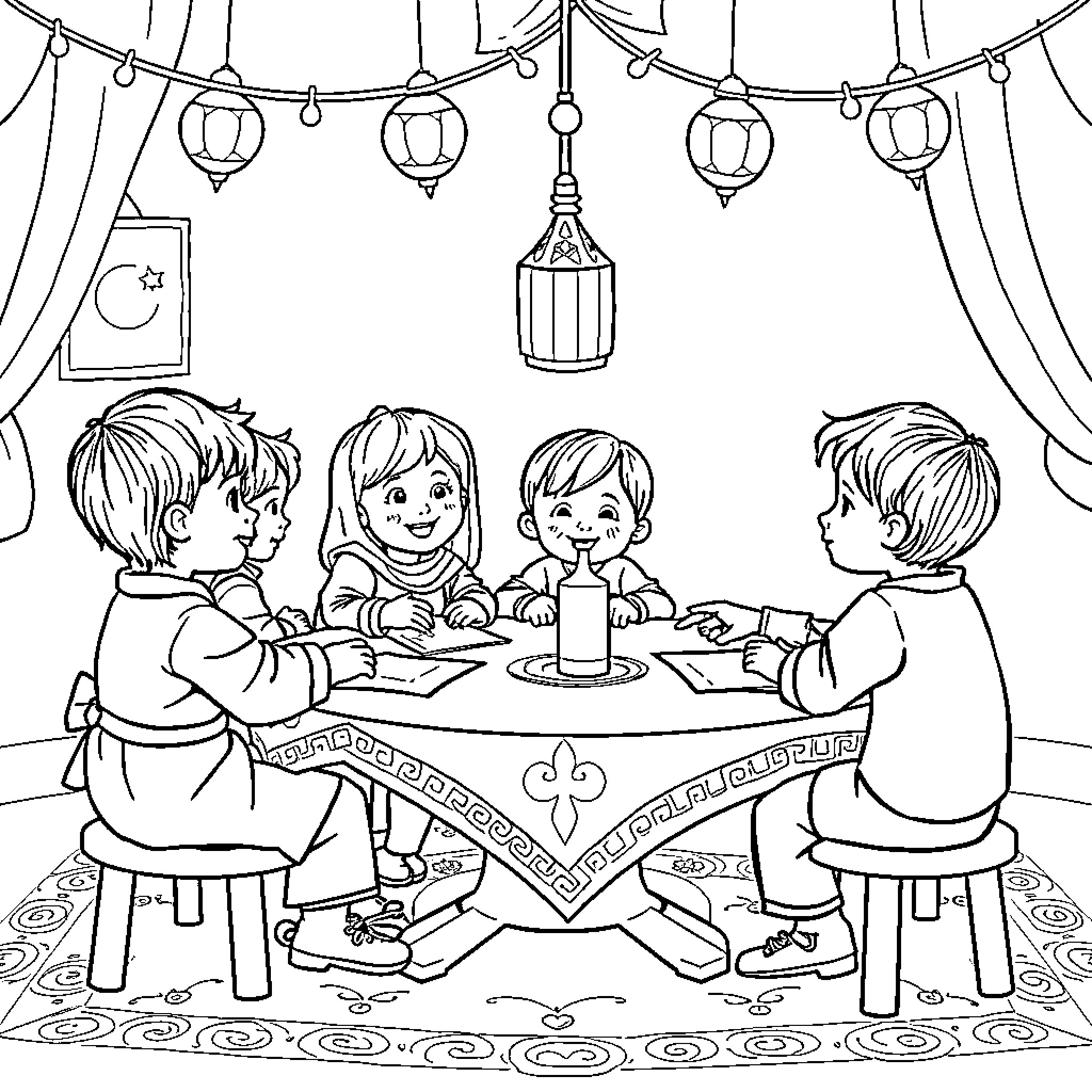Children enjoying a festive gathering at the table Coloring Page (free black-and-white line drawing printable PDF for all, from beginners to advanced learners, including children, teens, adults, and seniors)